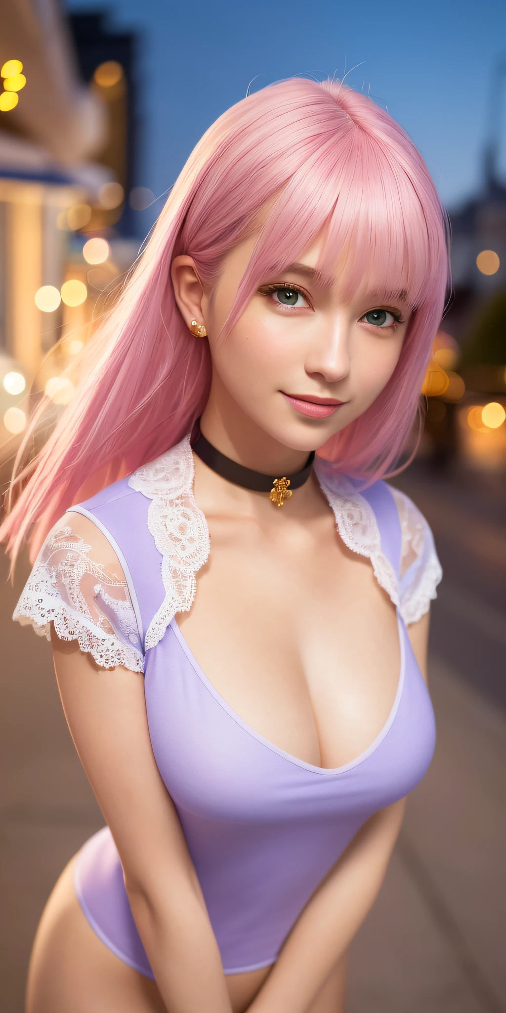 (64K, UHD, Top Quality, Masterpiece: 1.2), (Realistic, Photorealistic: 1.37), Super Detailed, Girl 1 Person, Cute, Solo, Beautiful Detailed Sky, Detailed Cafe, Night, Date, (Blush), (Smile: 1.15), (Closed Mouth) Big, Cat-like Face, Beautiful Fine Eyes, (Shirt with Collar: 1.1), Night, Office Clothes, White Lace, (Short Hair: 1.2), ( pink hair, purple eyes), floating hair NovaFrogStyle, topless,