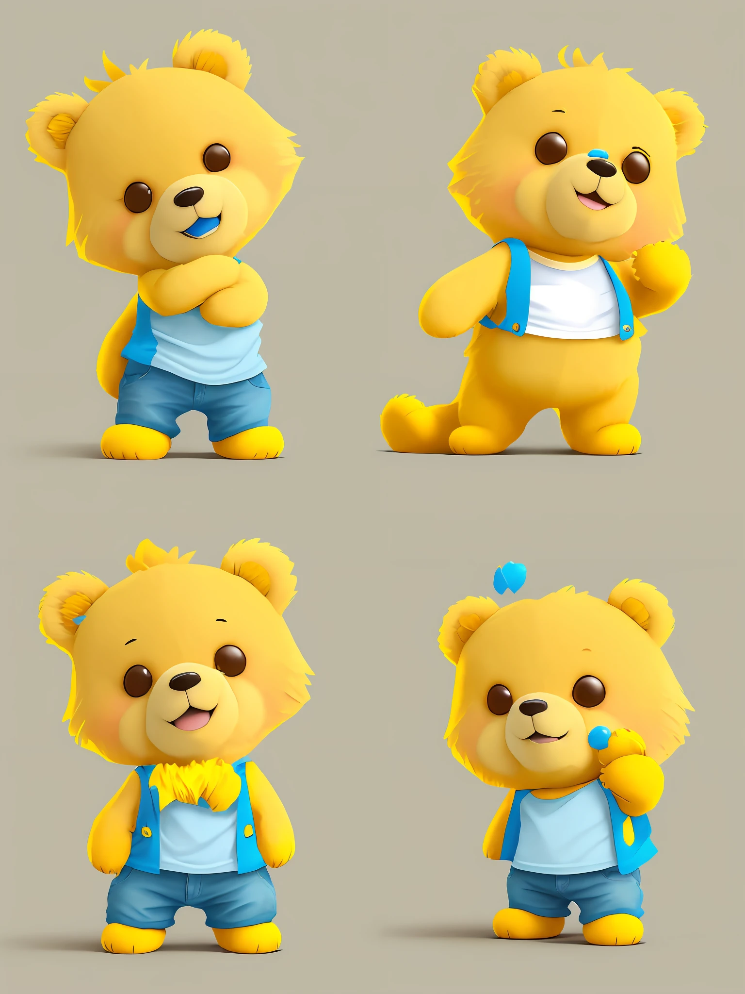 Yellow bear, blue T-shirt, cheeky expression, approachable, affinity, cute, frontal
