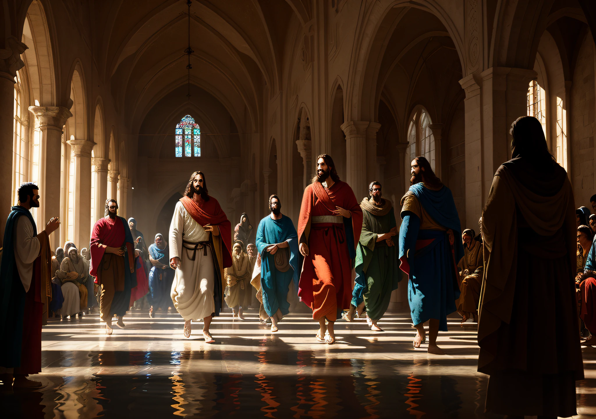 Welcome! Today we will talk about one of the most incredible moments of Jesus' life: when He walked on water, masterpiece, best quality, high quality, 8k extremely detailed CG unit wallpaper, award-winning photography, Bokeh, Depth of Field, HDR, bloom, chromatic aberration, photorealistic, extremely detailed, trend in artstation, trend in CGsociety, intricate, high detail, dramatic, Art in the middle of the journey, volumetric lighting