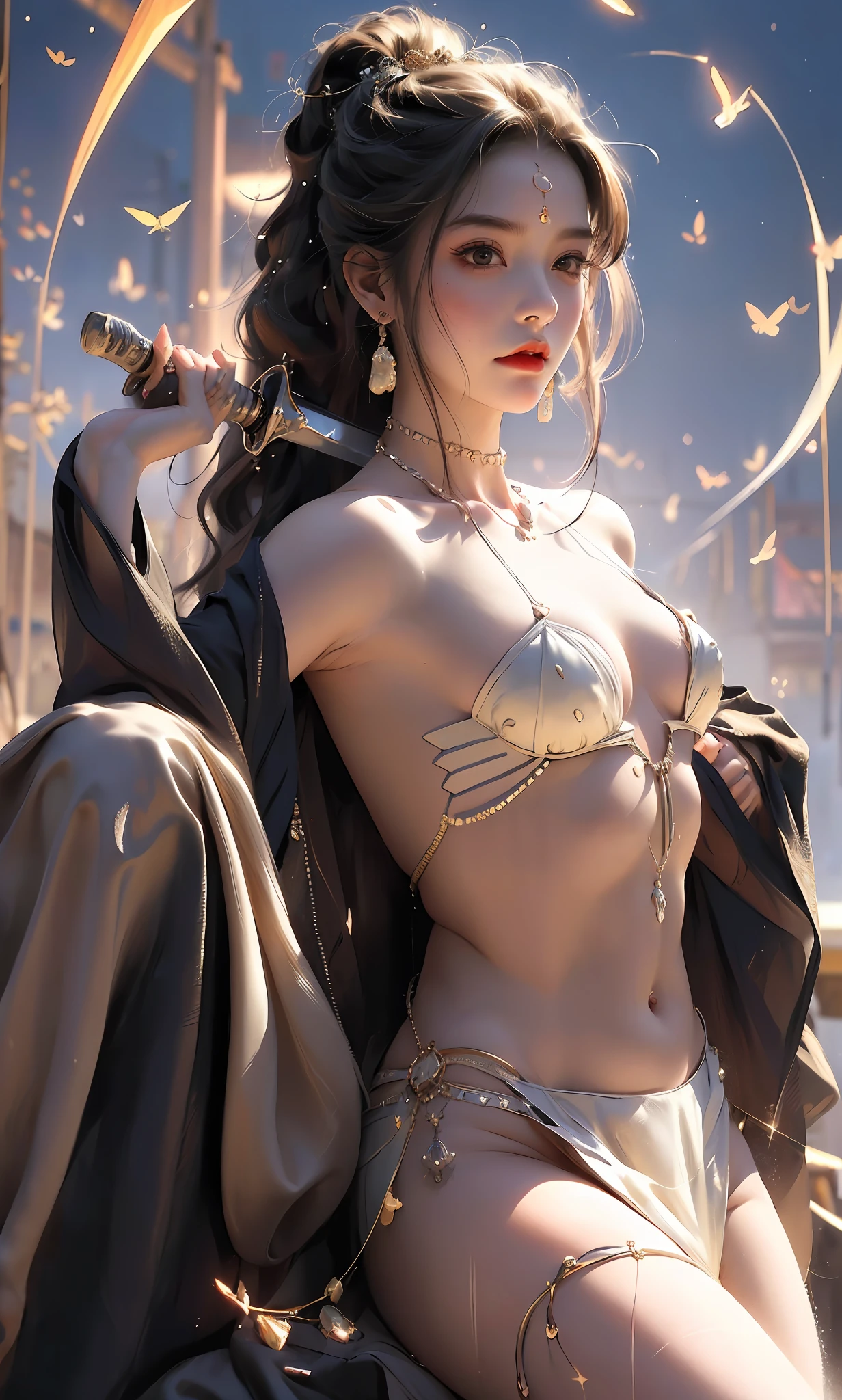 (RAW: 1.2), (Realistic: 1.4), (Clarity: 1.2), (A Woman), , ((Height: 3.5))), (Tongue studs), (Lip nails), (Umbilical nails), Gemstones Refract Dazzling Light))), (Breasts: 1.8), (Areola: 2), (Abs: 0.7), (Buttocks: 2.0), (Healthy Skin, Thin Skin, Alluring Expression, Double eyelids, jelly textured lips, glowing lips, cherry small mouth, small upturned lips, Lip studs under the lips, pattern under the eyes, gold pattern tattooed on the forehead, (((flawless skin texture))), real pores, textured skin, (wearing gems, pearls, emerald, amber,), (dynamic hair, high ponytail hairstyle, beaded hairpins, layered hair, wet hair, loose hair, wet skin texture), sweat dripping all over, shiny skin, glowing skin, radiant, eyes looking at the lens, high-quality details, cinematic lighting, ((backlight)), ridiculous, Unbelievably ridiculous, huge file size, super detailed, high resolution, very detailed, best quality, masterpiece, illustration, very detailed, CG, unity, 8k wallpaper, amazing, fine detail, masterpiece, light on face, backlight, cinematic lighting, (((wide angle lens))), (fisheye))), ((side to the camera)), ((seen from below)), ((high jumper's body proportions)), ((obesity: 0.0)), ((((no panties)))), ((no panties))), ((( No pants))),(((No socks)))),(No skirt)))),((No shoes)))),((Dynamic posture)))),(Fighting stance)))), (Full body))), (Legs raised),(Legs apart)))), (Greek feet), (Carefully groomed nails),((Delicate and small toes, perfect toes))), (Camel toes),((Correct anatomy)),((Correct dissection))),( Clothing: transparent cheongsam made of transparent plastic, high slit design, white flowers cut at the waist, perfectly blending with the figure))), ((gemstones, diamonds, pendants, necklaces, waist chains, stud earrings, earrings, bracelets, anklets)), (((the sword flies, the robe flutters with the wind))), (((the world of clouds and mist))), ((the flying sword is inlaid with gems))), (the clothes are painted with ink landscape paintings)))), (the body