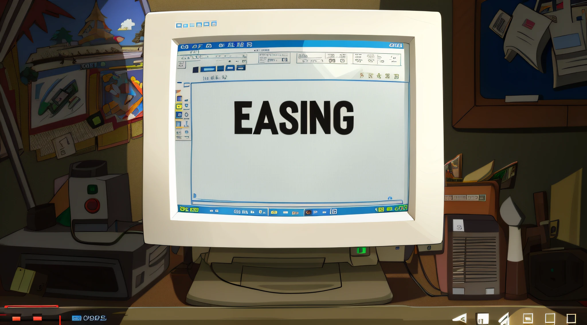 there is a computer monitor with a sign on it that says eaging, close establishing shot, establishing shot, text turning into objects, realistic establishing shot, wide establishing shot, cel-shading, cel-shading, cel shading, composition, escape, easygoing, earie configuration, detailed string text, ealistic, loading screen, still animation, screencap, cartoon drawing style, anime style, official art