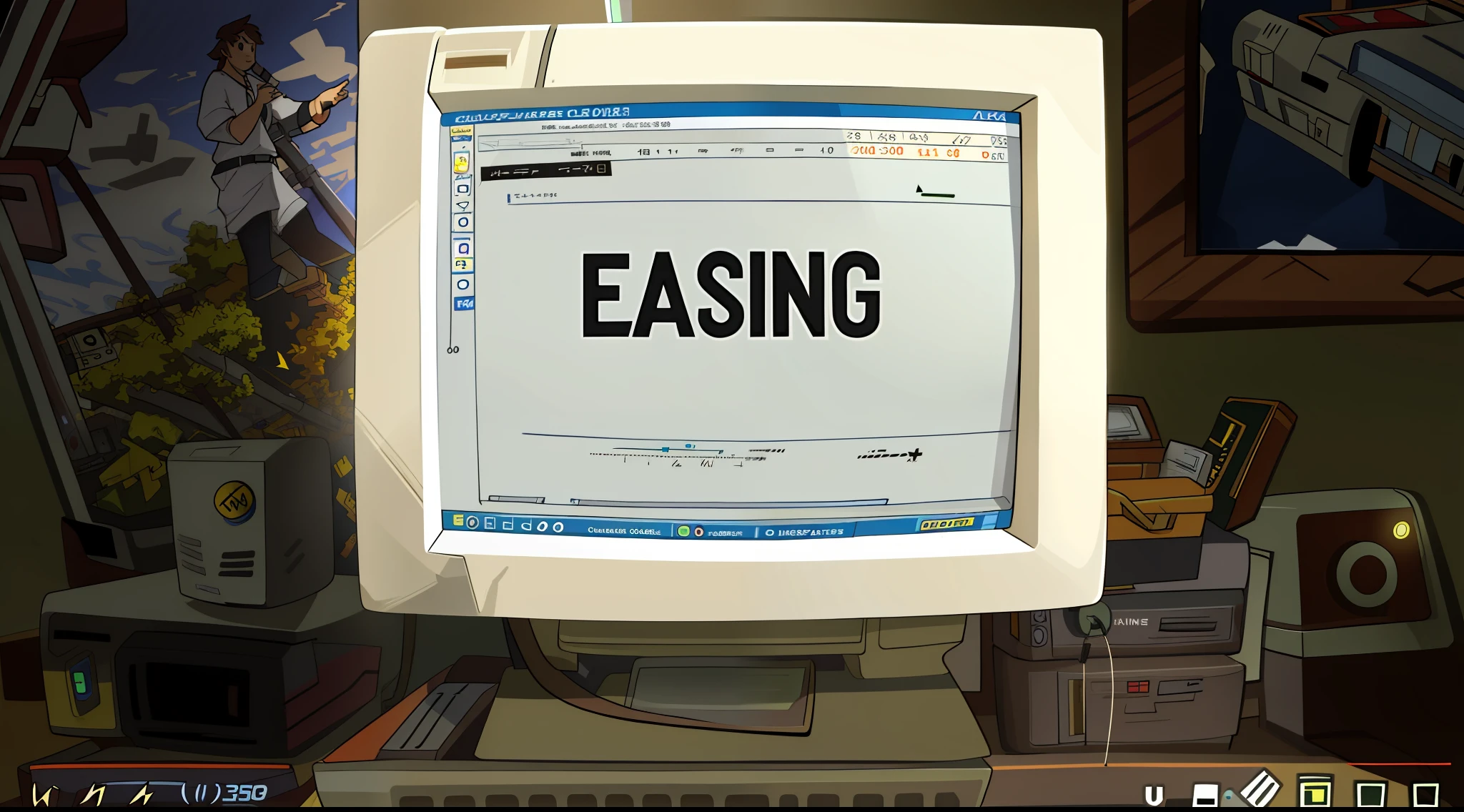there is a computer monitor with a sign on it that says eaging, close establishing shot, establishing shot, text turning into objects, realistic establishing shot, wide establishing shot, cel-shading, cel-shading, cel shading, composition, escape, easygoing, earie configuration, detailed string text, ealistic, loading screen, still animation, screencap, cartoon drawing style, anime style,  official art