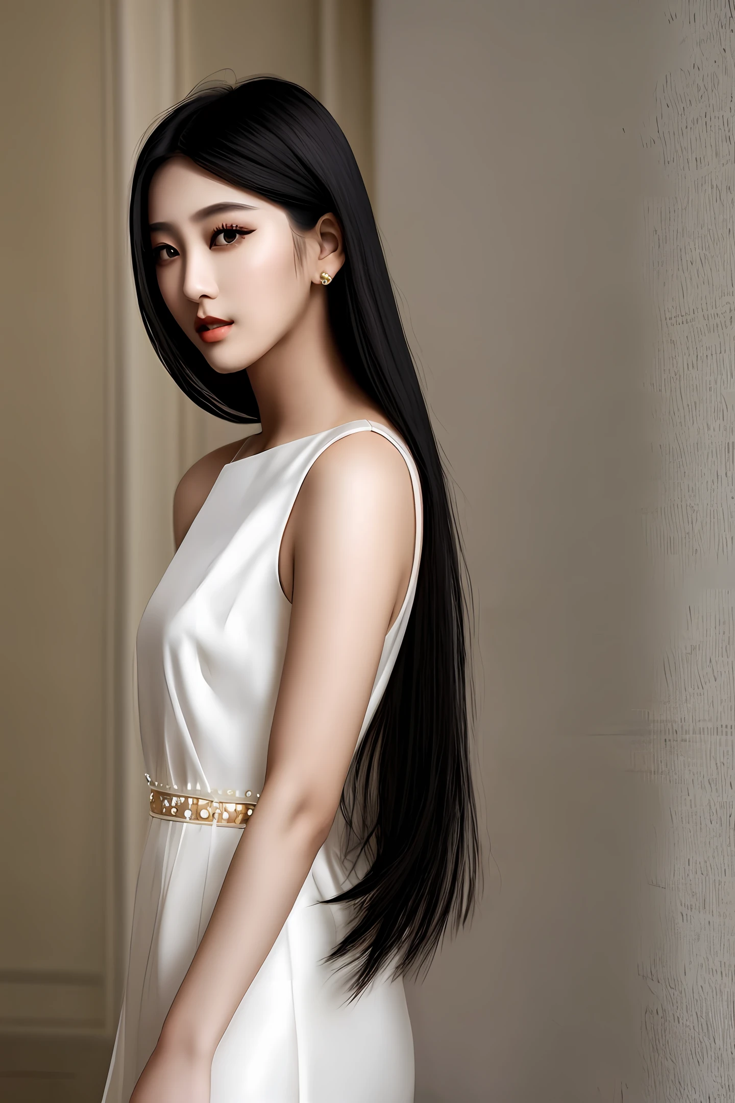 Asian beautiful girl, supermodel-like beautiful face, black hair, delicate makeup, delicate facial features, simple and fashionable dress
