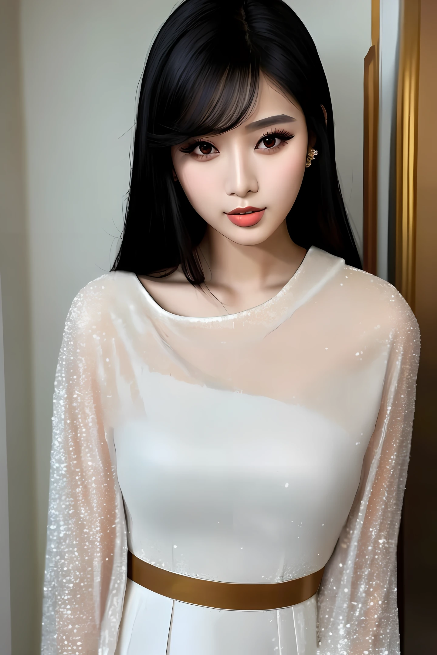 Asian beautiful girl, supermodel-like beautiful face, black hair, delicate makeup, delicate facial features, simple and fashionable dress