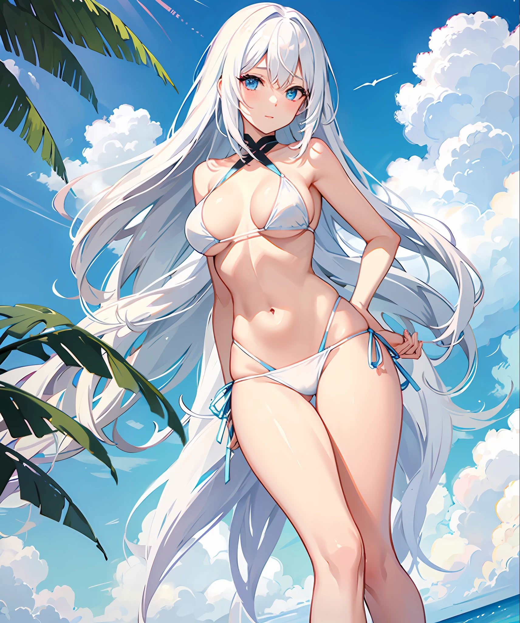 sexy, white hair, medium breast, blue eye, side tie bikini, slim legs, long hair, sunny day
