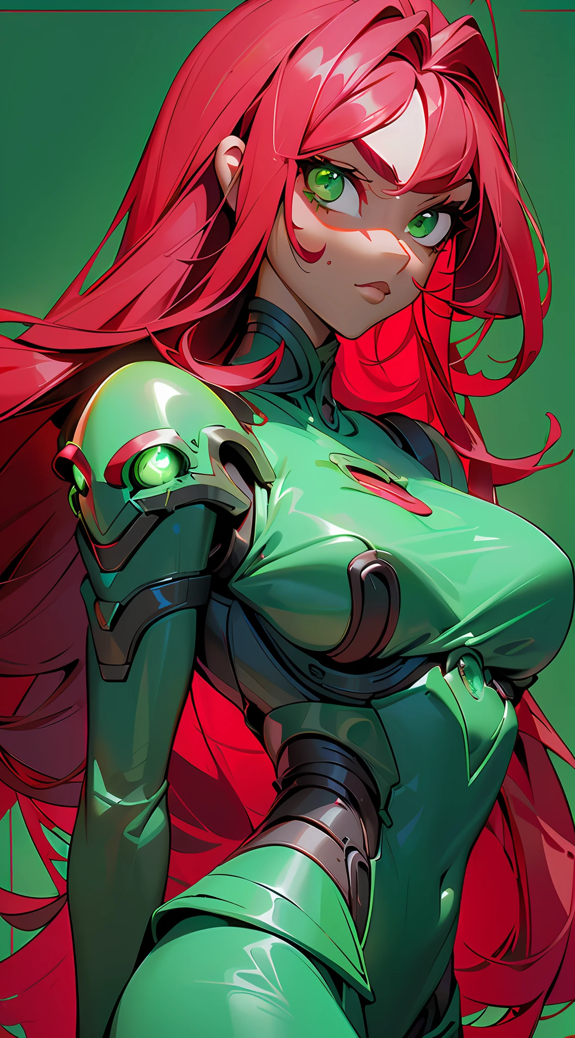 ((1girl),(dark skin|dark skin),(crimson hair|dark red hair|burgundy hair|brown hair|red hair|red hair|red hair:1.2|scarlet hair:1.2), (long hair|loose hair|cascading hair),(armor: 1.3),(stunning|stunning|wonderful|breathtaking|beautiful|lovely),(green eyes|forest green eyes|emerald green eyes|jade green eyes),(cyberpunk :1.25)), detailed light reflection