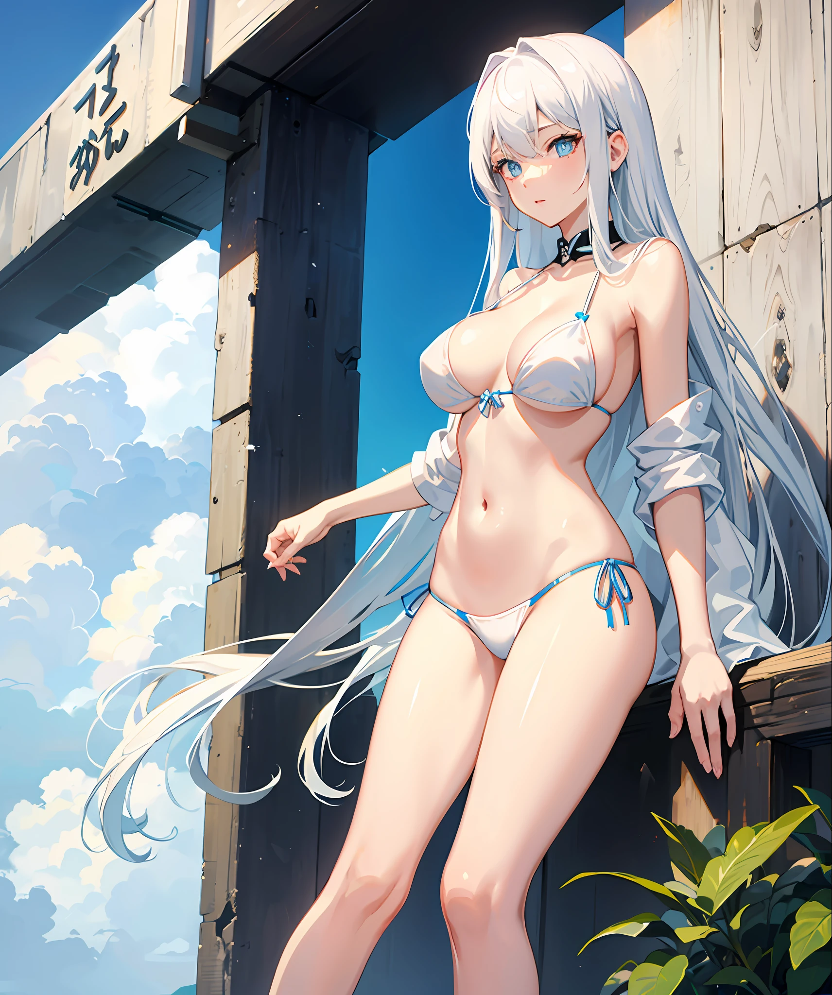 sexy, white hair, medium breast, blue eye, side tie bikini, slim legs, long hair, sunny day