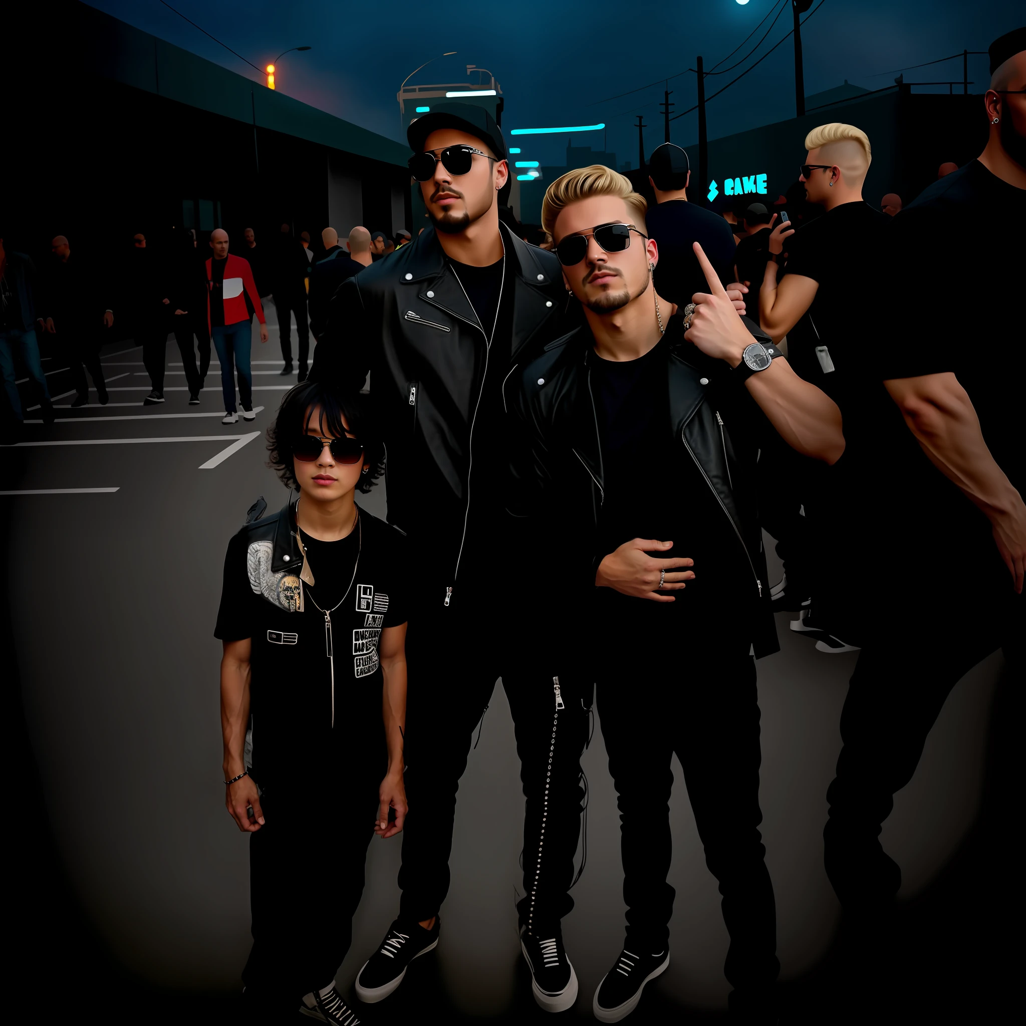 Leather jacket, cap all black, rocker