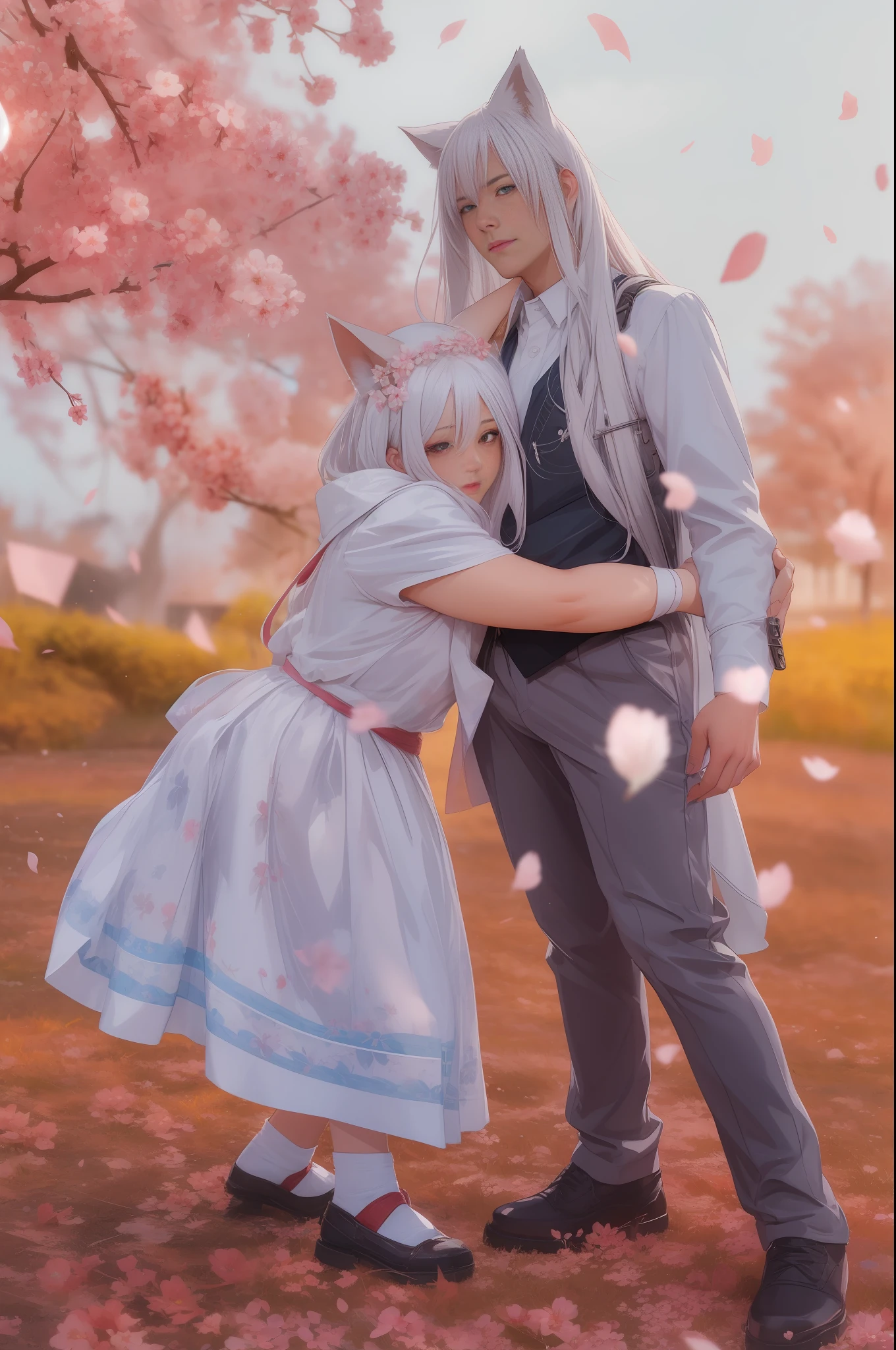 Couple, high quality, cinematic, cherry blossom, field, anime, white hair, beautiful face, beautiful face, high resolution, anime, beautiful lighting, beautiful face, detailed face, realistic face, boy ear, foxy, couple, man and woman, male and female, white dress, beautiful eyesz anime eyes, improve eyes.