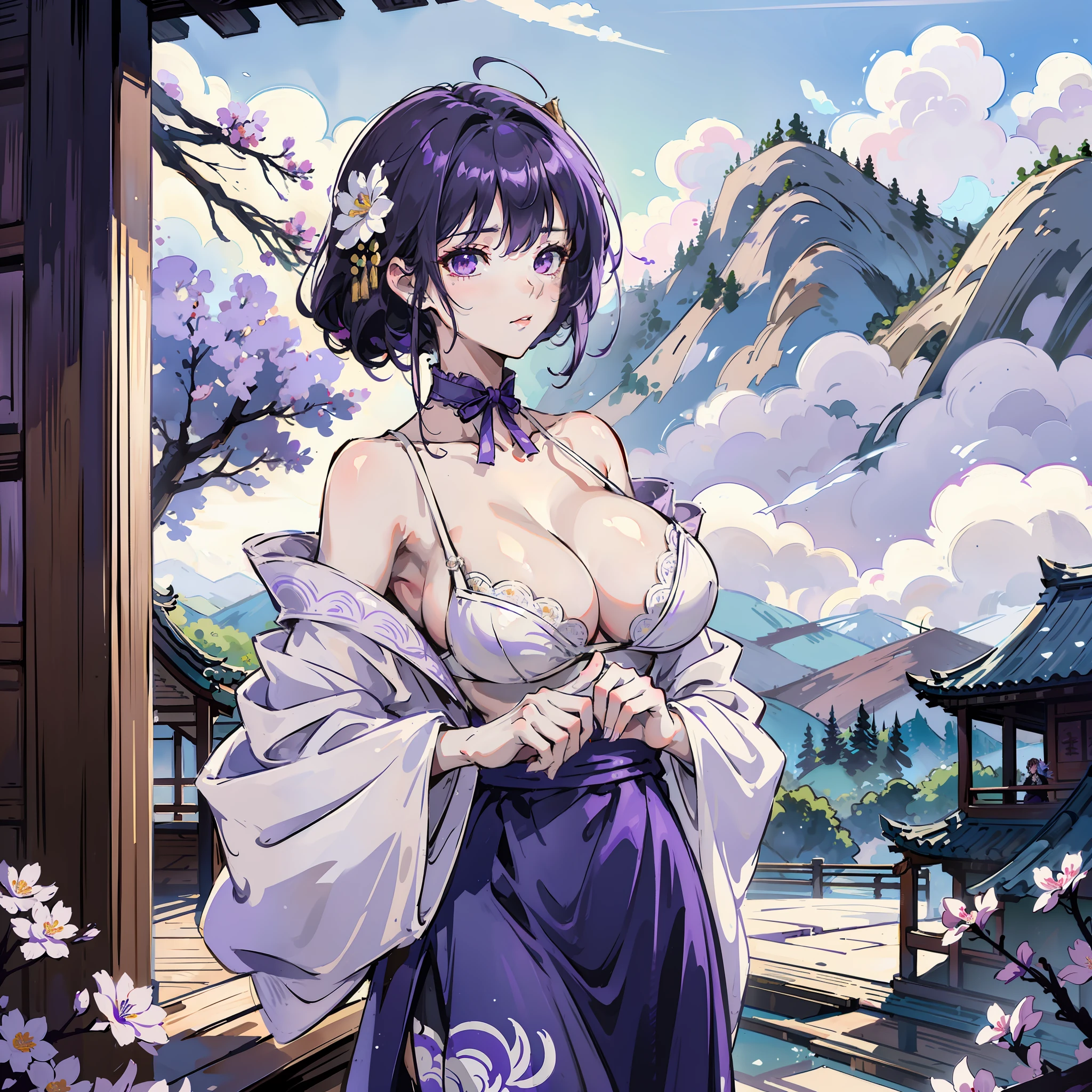 Raiden Shogun, beautiful, big breasts, dressed in a white bra, white thong, eyes purple, hair purple, temple in the background, mountains, nature, clouds, standing relaxed, looking at the viewer, winking, flowers, collar, visible