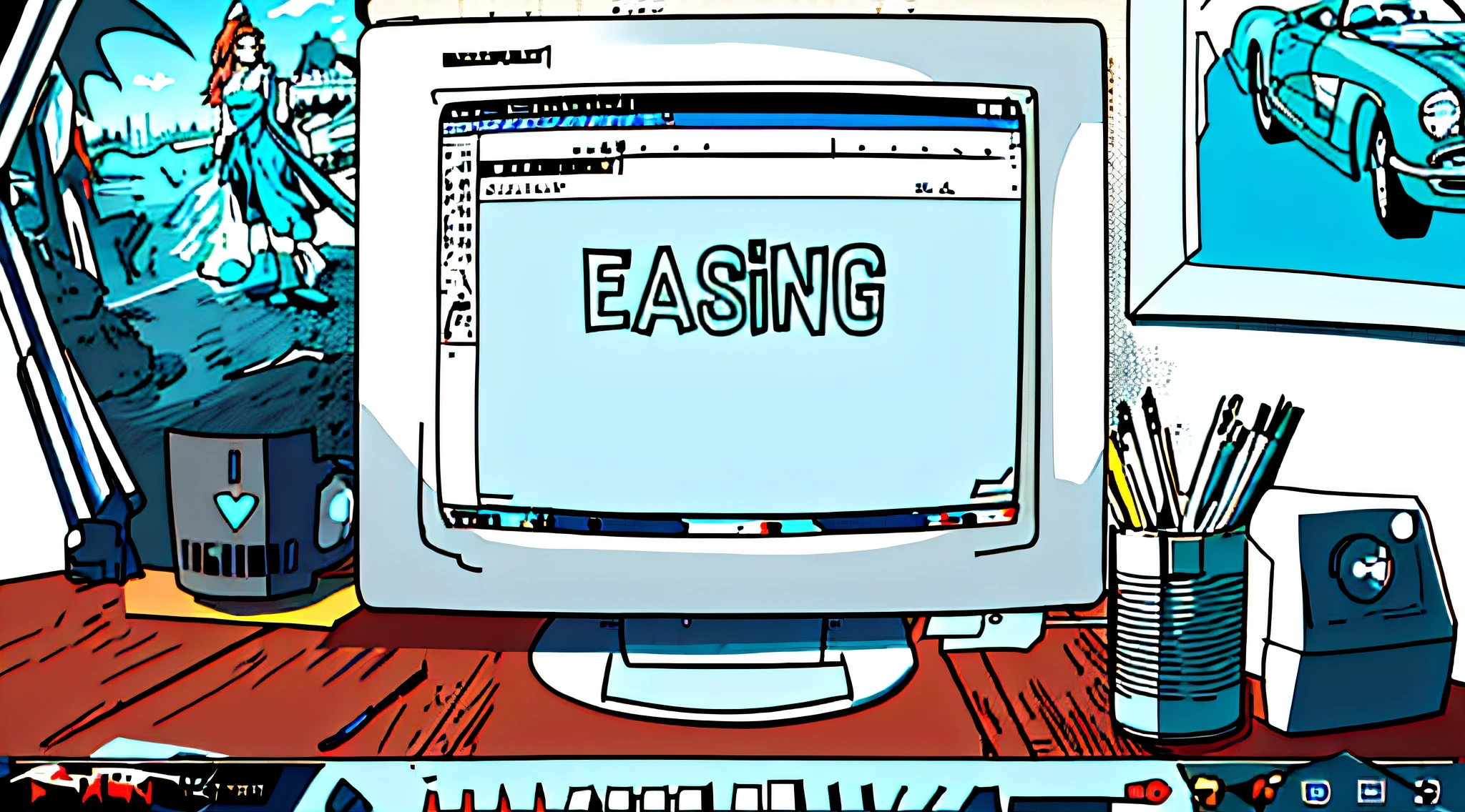 there is a computer monitor with a sign on it that says eaging, close establishing shot, establishing shot, text turning into objects, realistic establishing shot, wide establishing shot, cel-shading, cel-shading, cel shading, composition, escape, easygoing, earie configuration, detailed string text, ealistic, loading screen, still animation, screencap, cartoon drawing style, anime style, official art