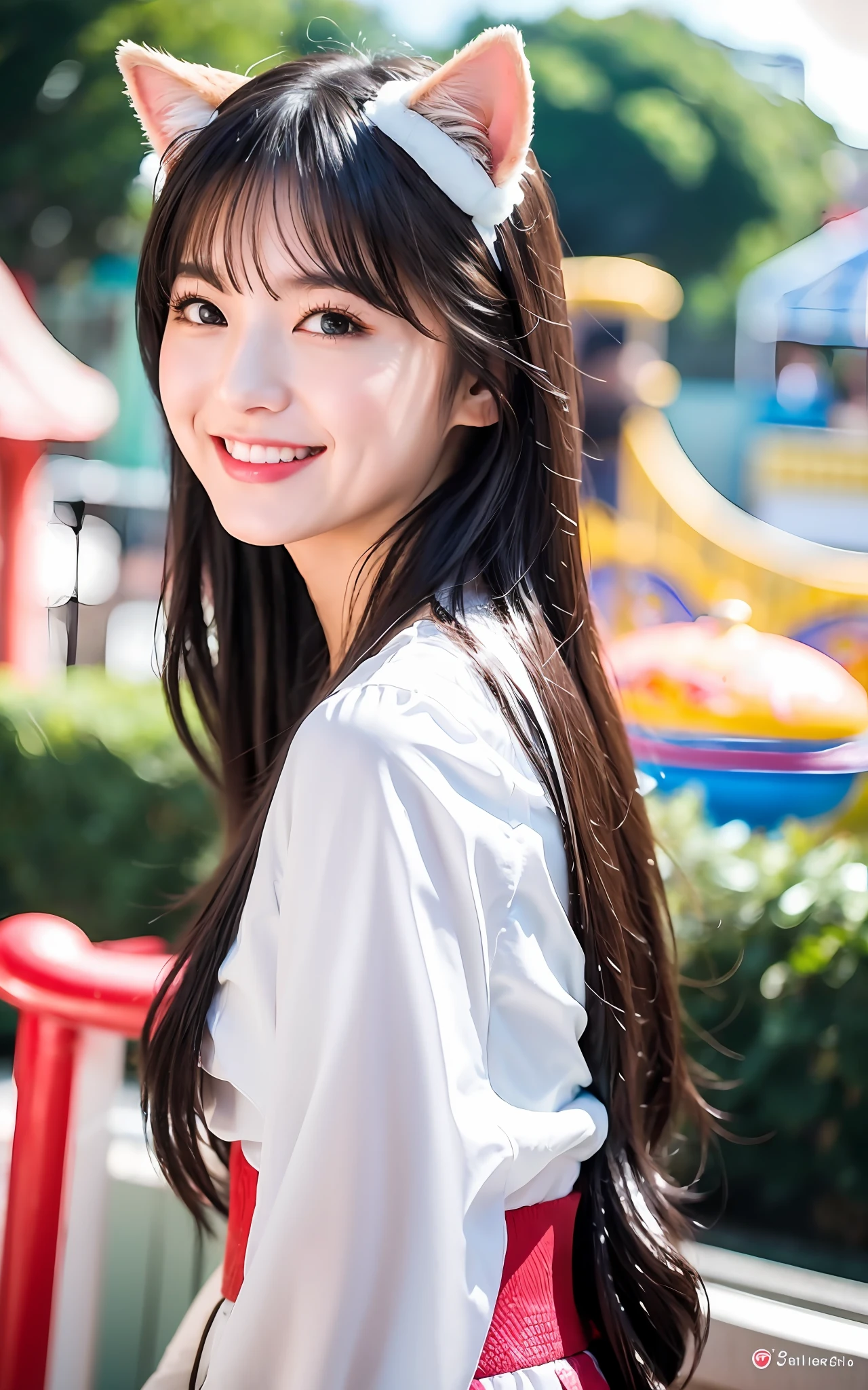 Superb, Masterpiece, Super High Quality, Realistic, Girl, (Beautiful Face 1.4), (Big, Constricted Waist), Long Hair, Amusement Park, Bokeh, Miko, Glossy Skin, Small Head, Photo taken by Lover, Big Smile, Cat Ears, Cat Ears