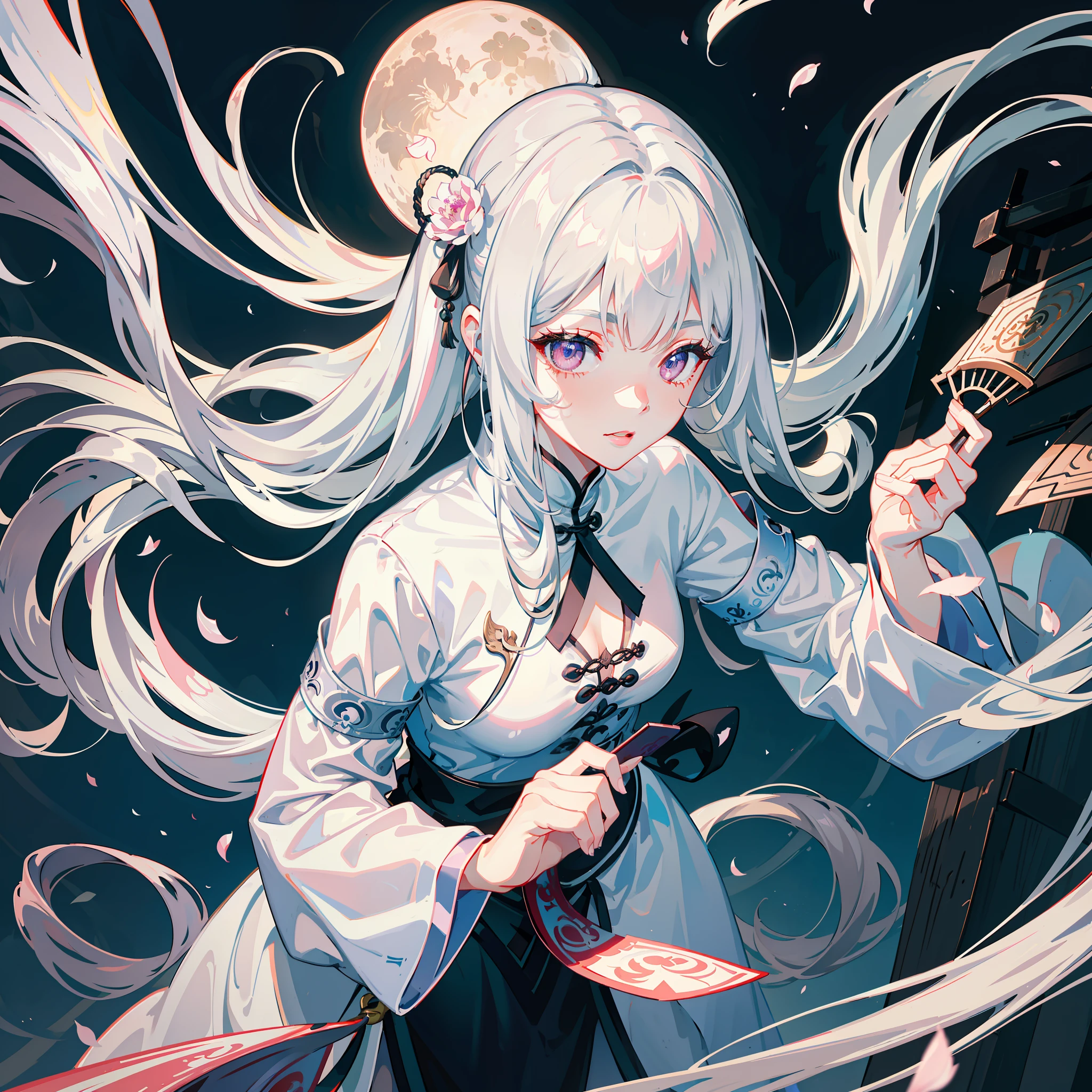 8K masterpiece best night full moon 1 female Chinese style Chinese architecture mature female elder sister silver white long hair female long hair pale pink lips calm and rational bangs gray pupil assassin fan, fan of knives, flying petals, delicate face,