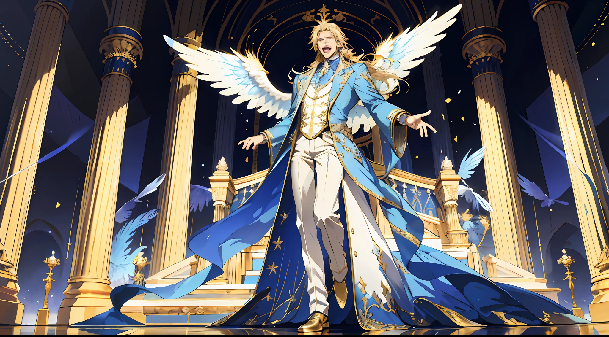 (absurd, high resolution), (panorama) (1 male), middle-aged, long blonde hair, blue and white dress, golden decoration, (tall), open mouth, 3 pairs of huge wings, broad arms, angel, palace, powerful, majestic, intense luster, white-gold dress, exquisite clothes, streamers, golden magic all over the body,