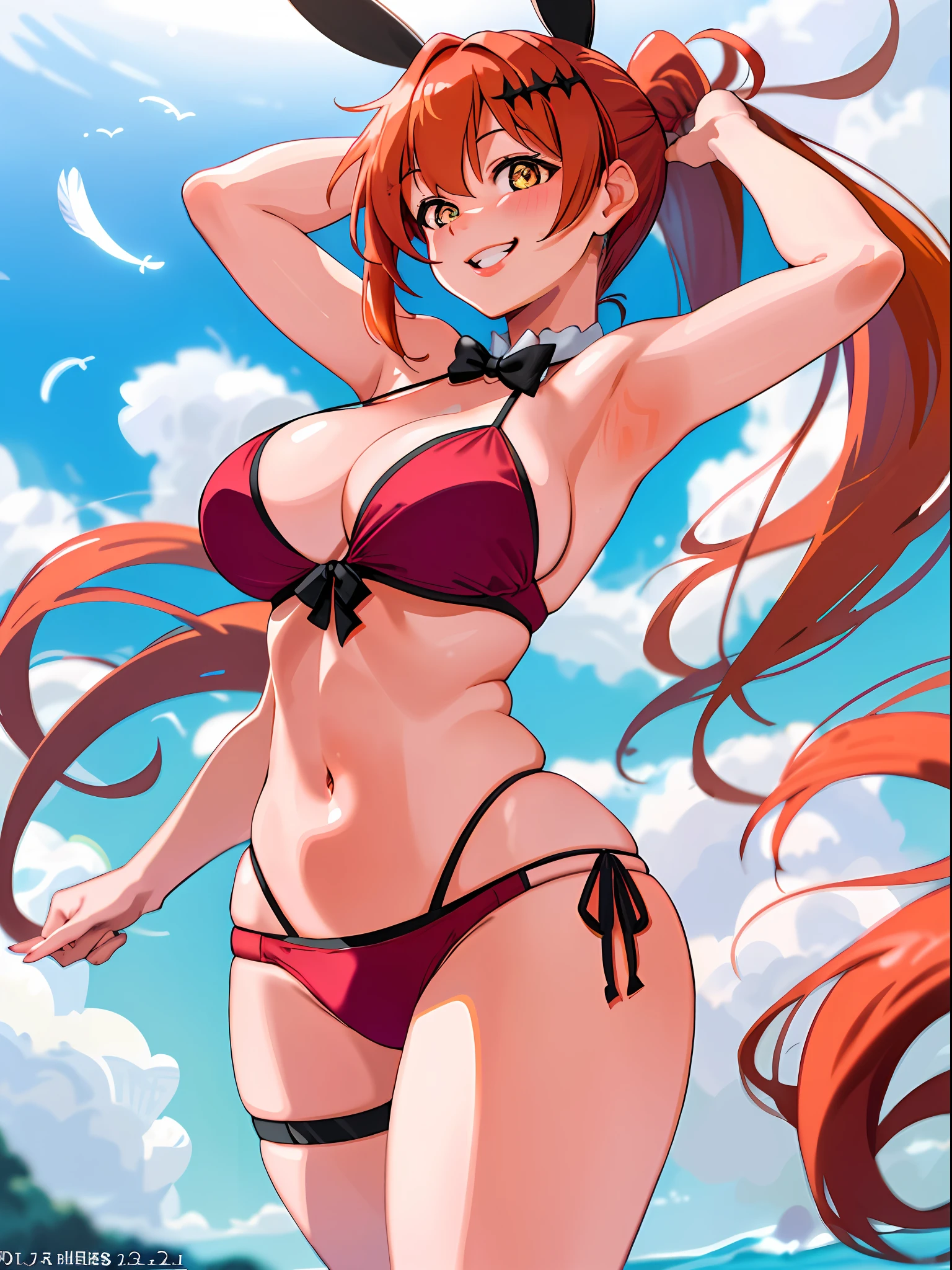 (masterpiece), (best quality), ((high resolution)), ((pupils)), (fiveseven: 1.2), charming smile, 1 girl, long ponytail, ginger hair, blushing, laughing with arms up and feather tickling, wild and alluring gaze, pink bikini accentuating big breasts, red lips popping against tanned skin, suppressed giggles, mature and alluring MILF vibe)