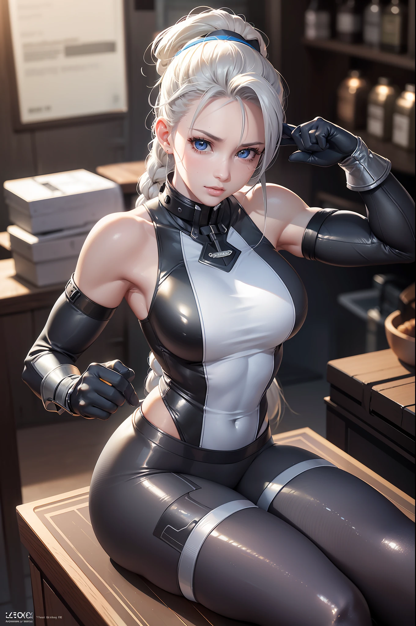 ((Best Quality, 8K, Masterpiece: 1.3)), Detailed Eyes, Double Eyelids, (1girl), (Left Face Scar), (28 years old, sexy maturity), (Vest line, thin waist, buttocks), (Blue jacket), ((Big blue eyes, long eyelashes)), ((Pout)), ((Firm nose)), (Realistic skin details), Detailed Face, Best Light, Best Shadow, Edge Lighting, Ray Tracing, Unreal Engine 5, (Cammy white from street fighter 6, game CG character modeling)), beautiful shiny hair, (((dark gray tights))), muscular, collar, abs, (mid-chest hard), (leg muscle line), (sitting in front of the bar counter with your back to the camera, side face, noisy bar)) NVIDIA RTX, Super-Resolution, Unreal 5, Subsurface scattering, PBR Texturing,Post-processing,Anisotropic Filtering,Depth-of-field,Maximum clarity and sharpness,Multi-layered textures,Albedo and Specular maps,Surface shading,Accurate simulation of light-material interaction, Perfect proportions, Octane Render, Two-tone lighting, Wide aperture, Low ISO, White balance, Rule of thirds, 8K RAW, Elevation view