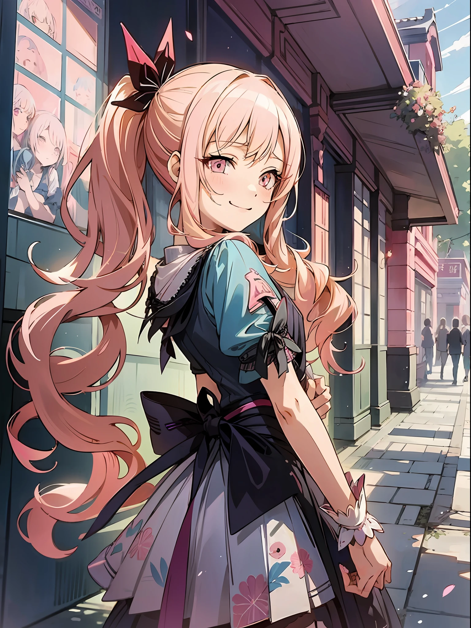 Mizuki, pink hair, long hair, black ribbon, harajuku fashion, yandere, smile, (masterpiece), (best quality), ultra high resolution, (best illustration),