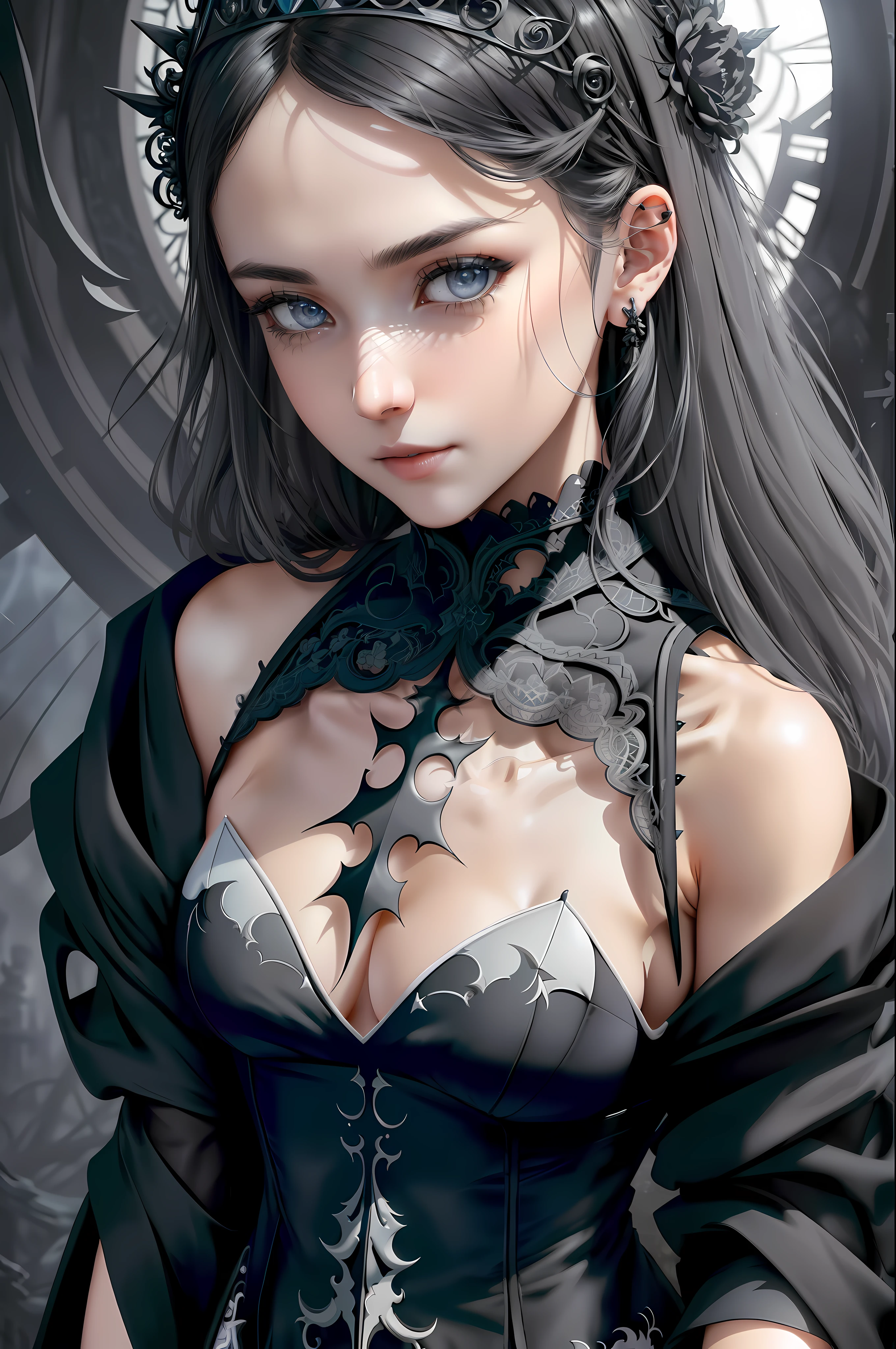 ("Demon"),("1girl"), style, ((intricate black and white details)), full torso, cold lighting, dark gray broken landscape scenery, gorgeous, ((pale evil gothic princess)), (black hair), (intricate), ((skeletal onyx dress armor) ), ((less clothes)), ((short clothes)), ((intricate and irregular obsidian crown)), dynamic pose, wind-disheveled hair, perfect face, (realistic eyes), round iris, ((gray eyes)),  perfect eyes, intricate, complex, Helios 44-2, bokeh, trends in the arts station, sharp focus, studio photo, intricate details, highly detailed, sharp, dnd character portrait, (oil on canvas), perfect lighting, masterpiece, detailed background, portrait by artgerm and greg rutkowski, cinematic lighting, 8k