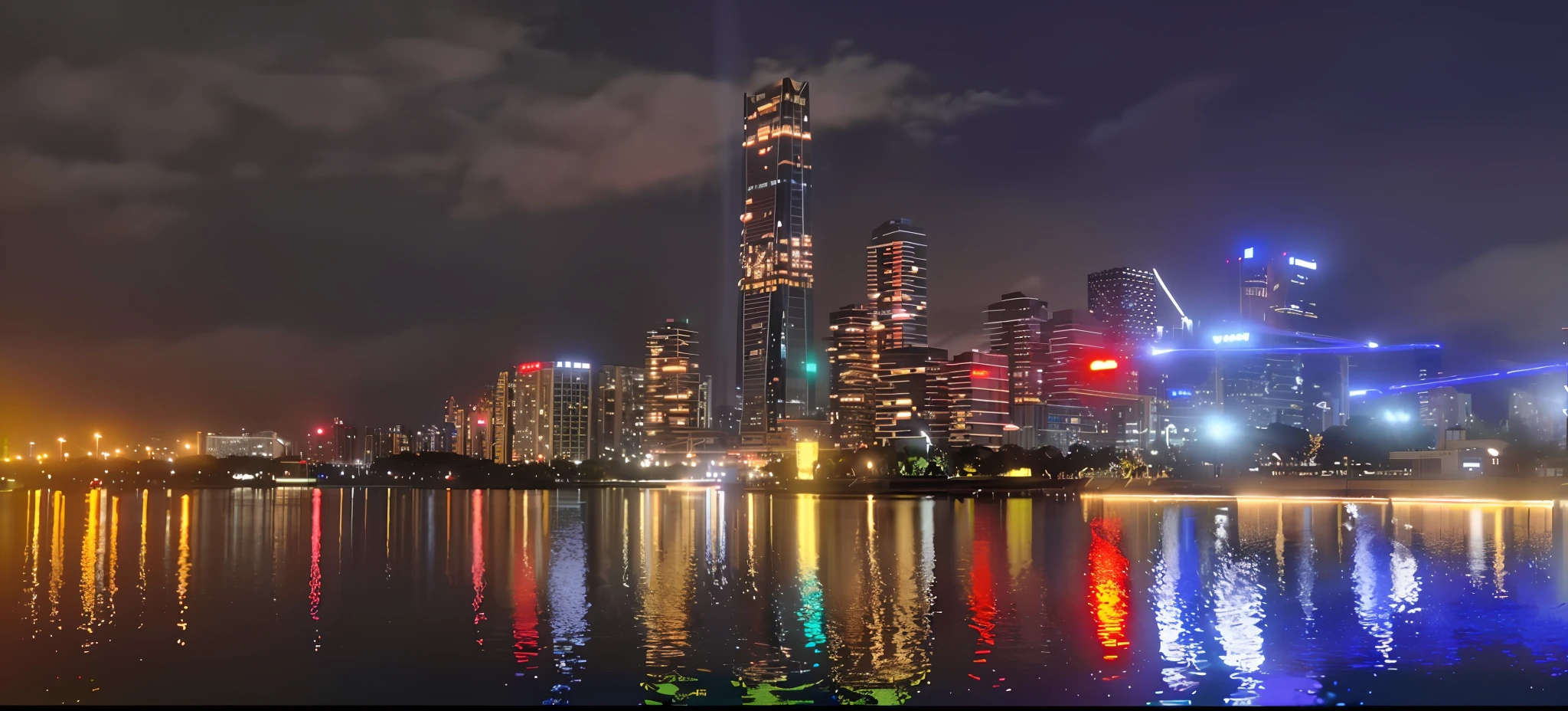 nighttime view of a city skyline with a red traffic light reflecting in the water, shenzhen, city light reflections, beautifully lit buildings, skyline showing, night shot, with shiny glass buildings, taken with a pentax k1000, city reflection, beautiful rtx reflections, hangzhou, with tall glass skyscrapers, towering over a city, night view