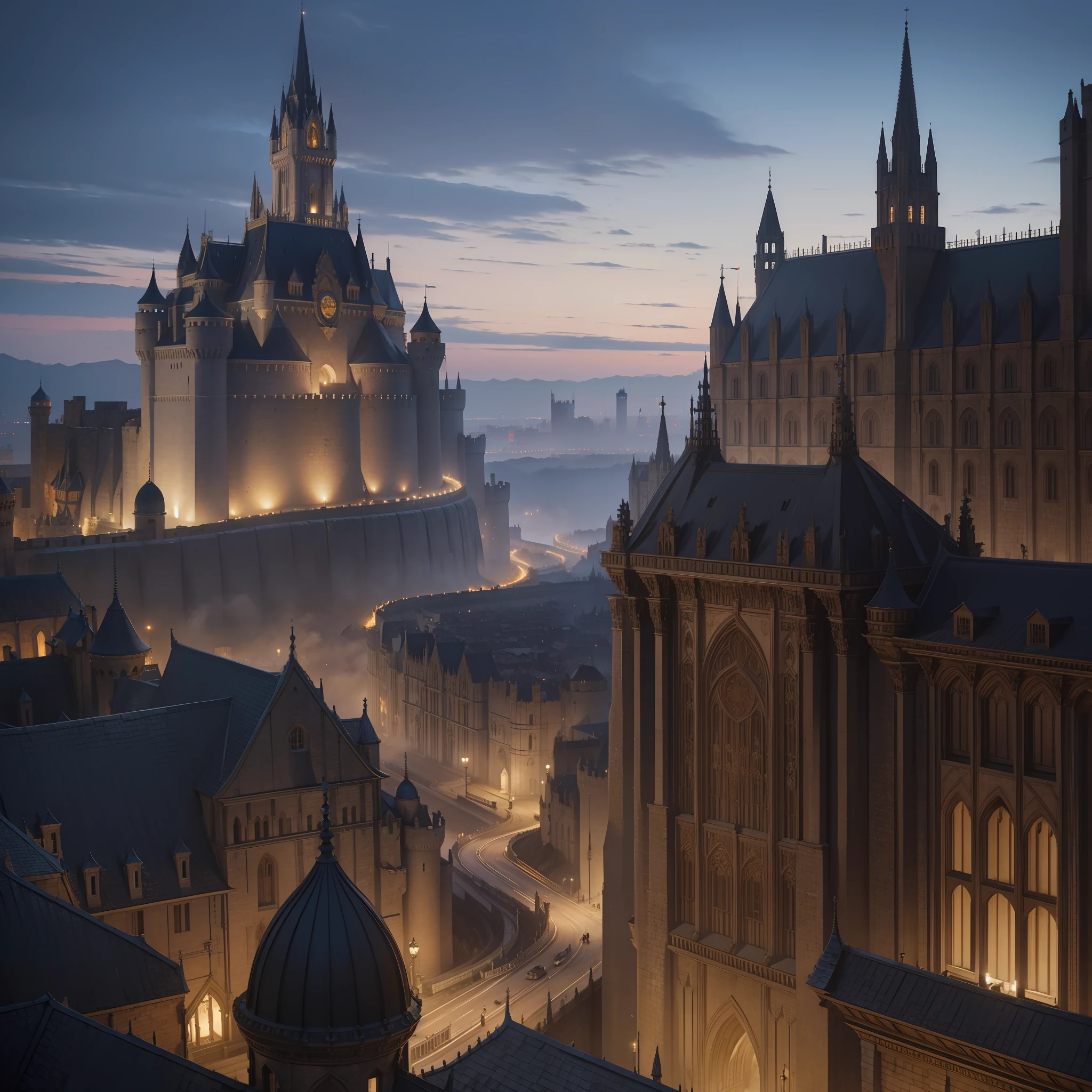 dark fantasy city, medieval fantasy, medieval, large walled city, towers, walls, streets, castle, temple, market, district, ultra realistic, 8k