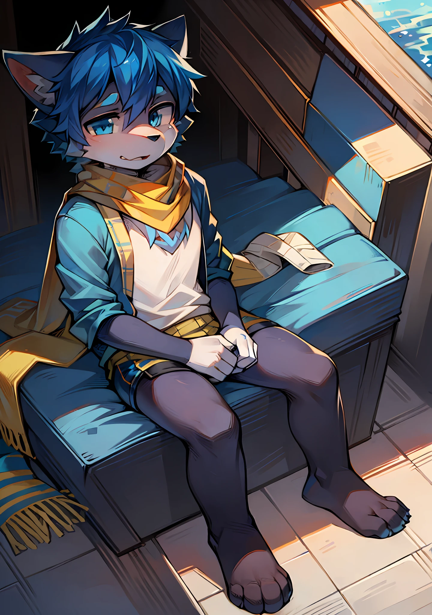 Wolf, Junior, 1.5, Composure, Scarf, Blue Eyes, Blue Hair, Yellow Clothes, Bandages, Single