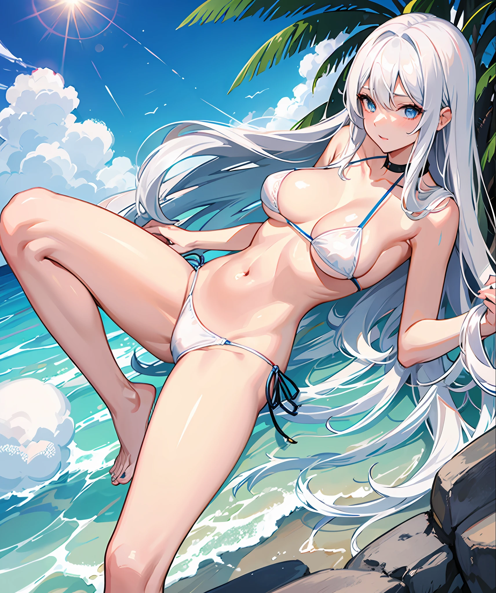 sexy, white hair, medium breast, blue eye, side tie bikini, slim legs, long hair, sunny day, nervous