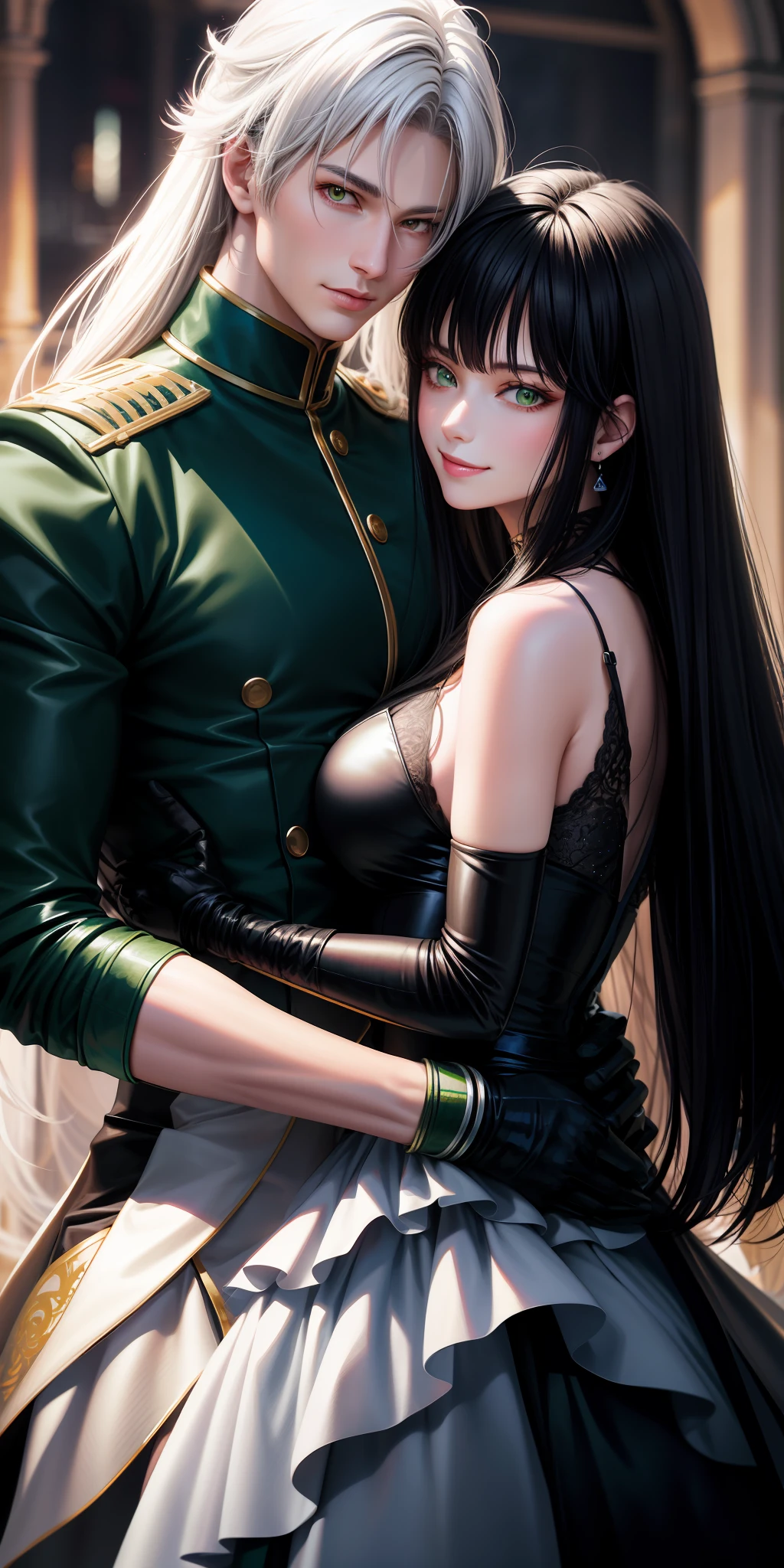 realistic, anime couple hugging each other with gloves, highly detailed exquisite fanart, black hair and white hair, green eyes and red eyes, smile, lovely couple, arm around neck