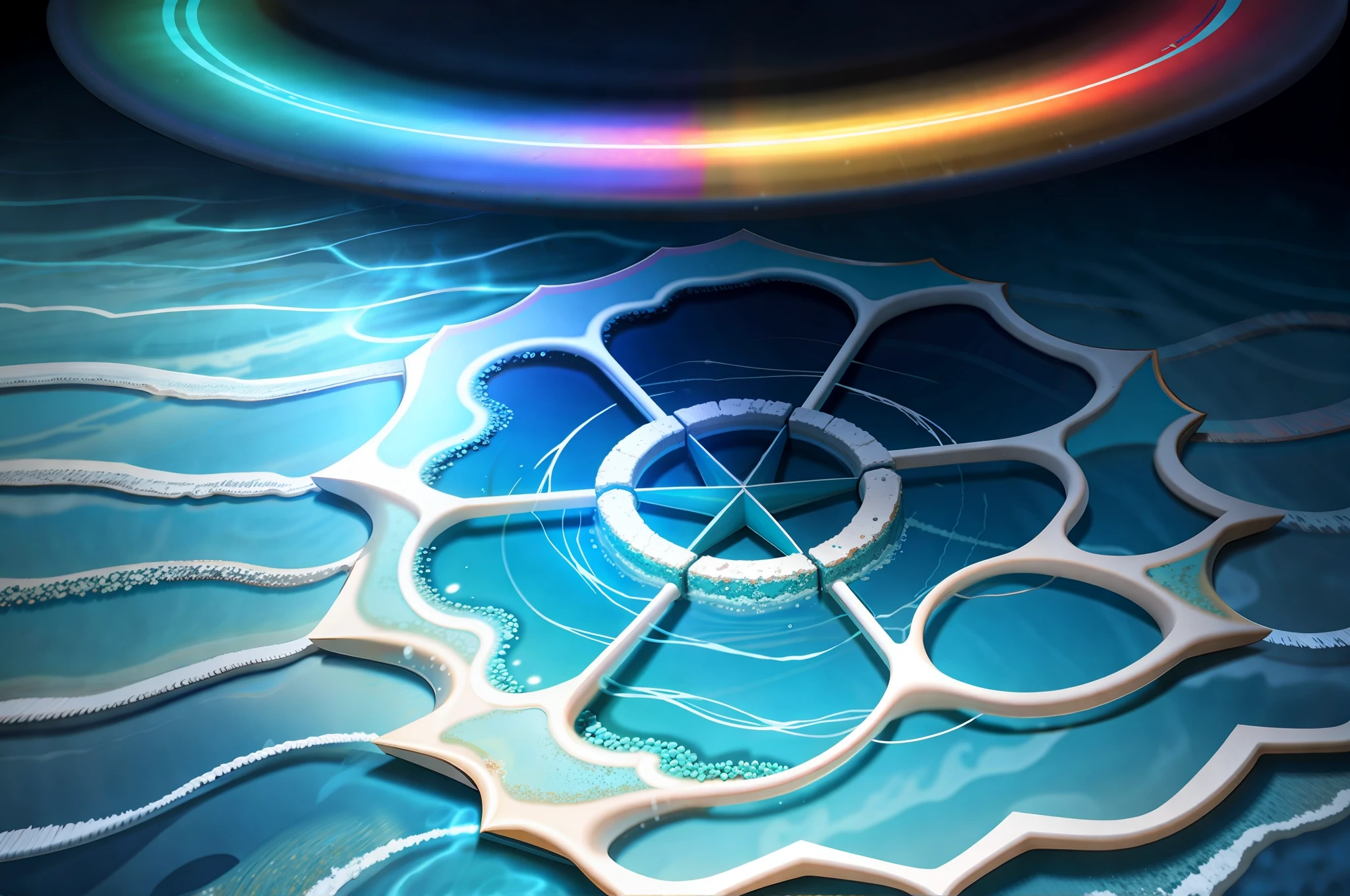 Light blue water, seabed, blue pentagram with planetary rings in seawater