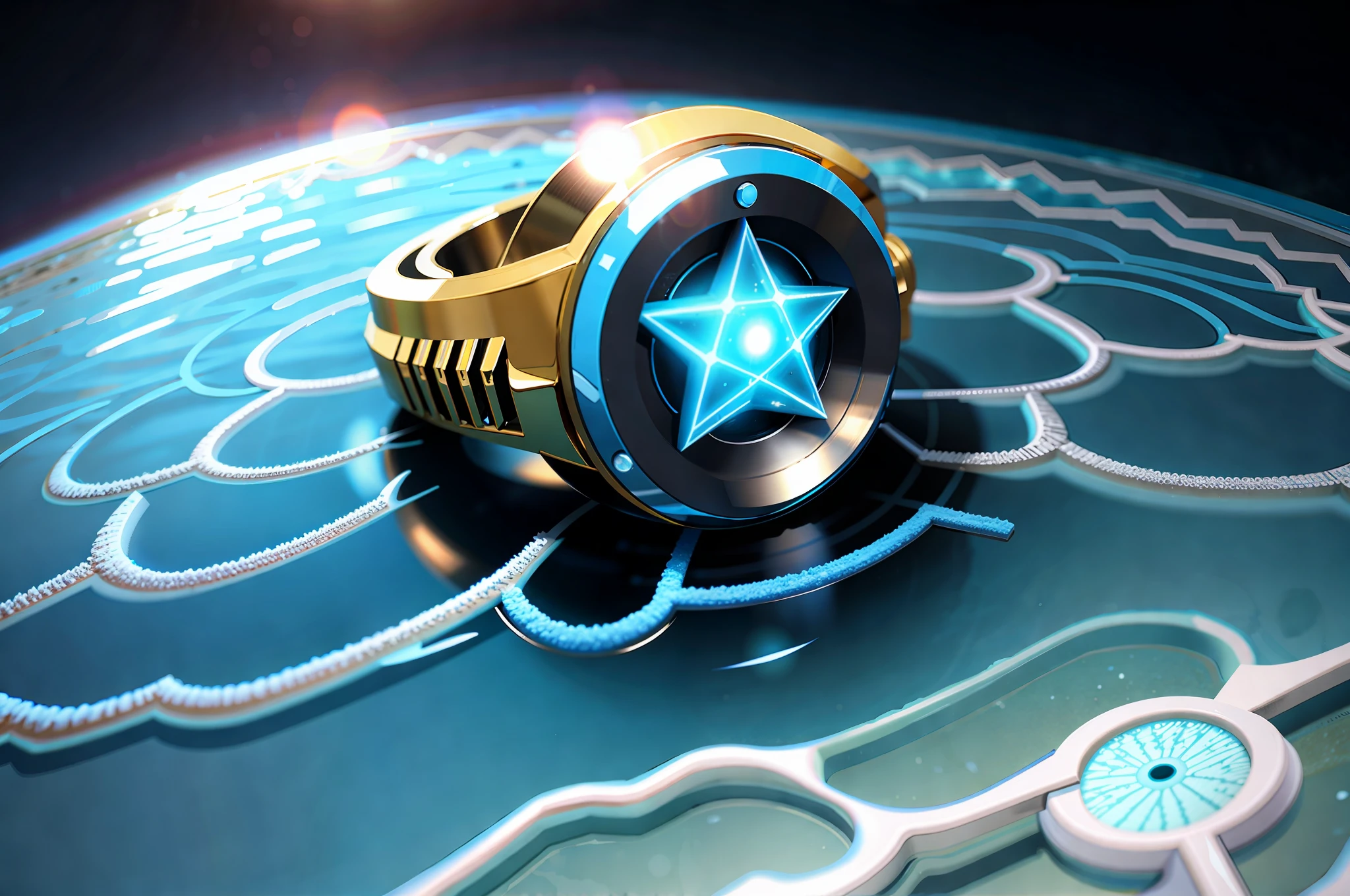 Light blue water, seabed, blue pentagram with planetary rings in seawater