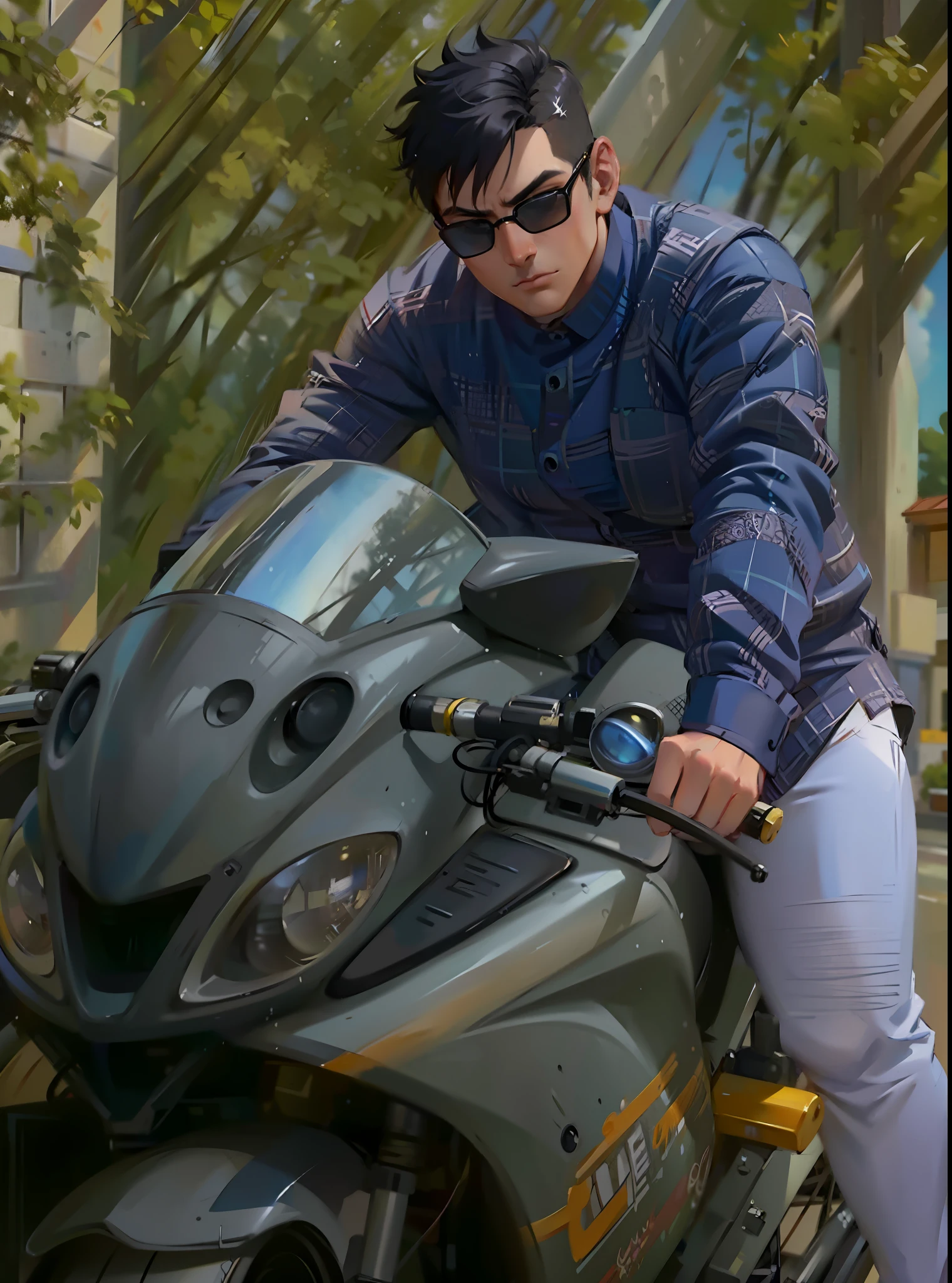 (masterpiece),(best quality:1.0), (ultra highres:1.0), detailed illustration, 8k, 1boy, anime boy, wearing blue shirt, serious look, detailed face, perfect face, dark sun glasses, detailed hair, highlights in hair, stylish hair, on a bike, cool bike, sunny day, well lit, highly detailed, anime style, vibrant