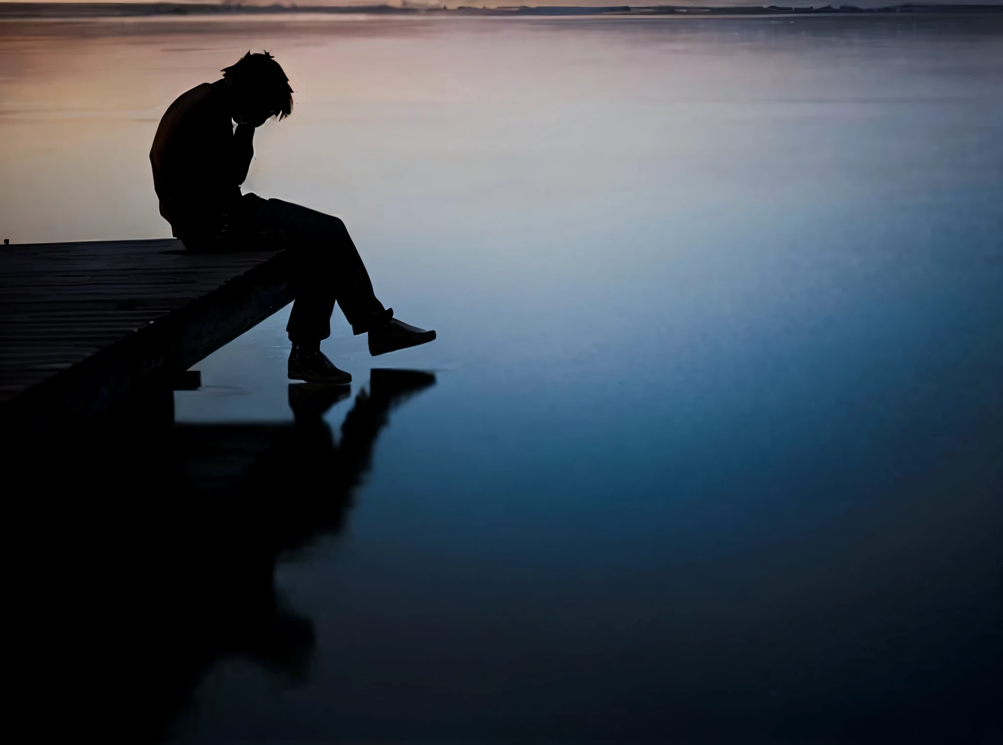 arafed man sitting on a dock at dusk looking at the water, pensive lonely, sad man, a man sitting on a jetty, lonely and sad, emotional picture, sitting alone, he is all alone, lost in thought, sad and lonley, loneliness, sad feeling, sorrow, solitude, man sitting facing away, sorrowful, alone!!, struggling