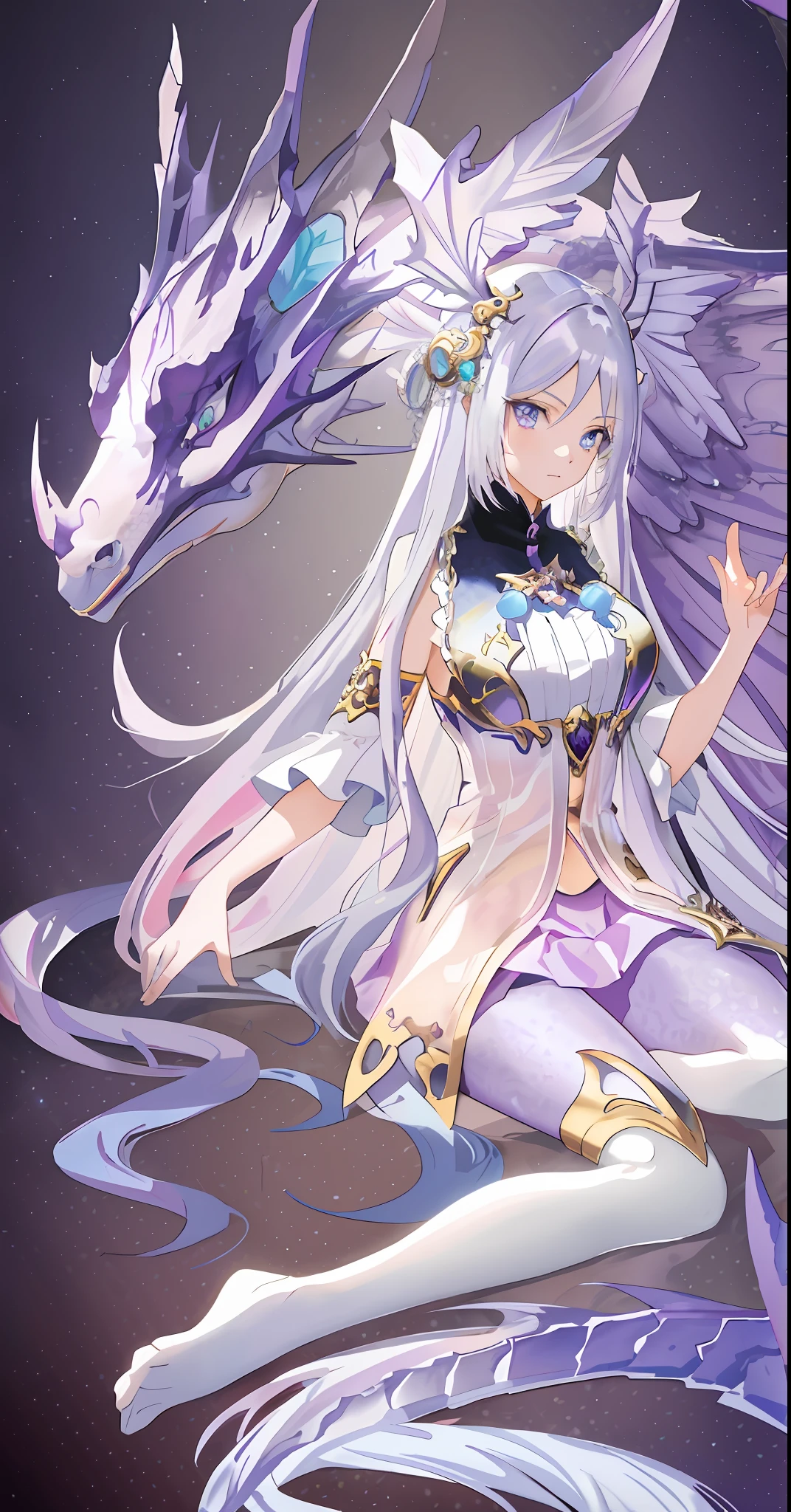 HD, fantasy sitting on purple background with long white hair and blue eyes anime girl, dragon girl, digital anime 8k HD artwork, depicting fine detail illustration, detailed key anime art, high detail rating, detailed official artwork, beautiful fantasy art, fan manga colorful.
