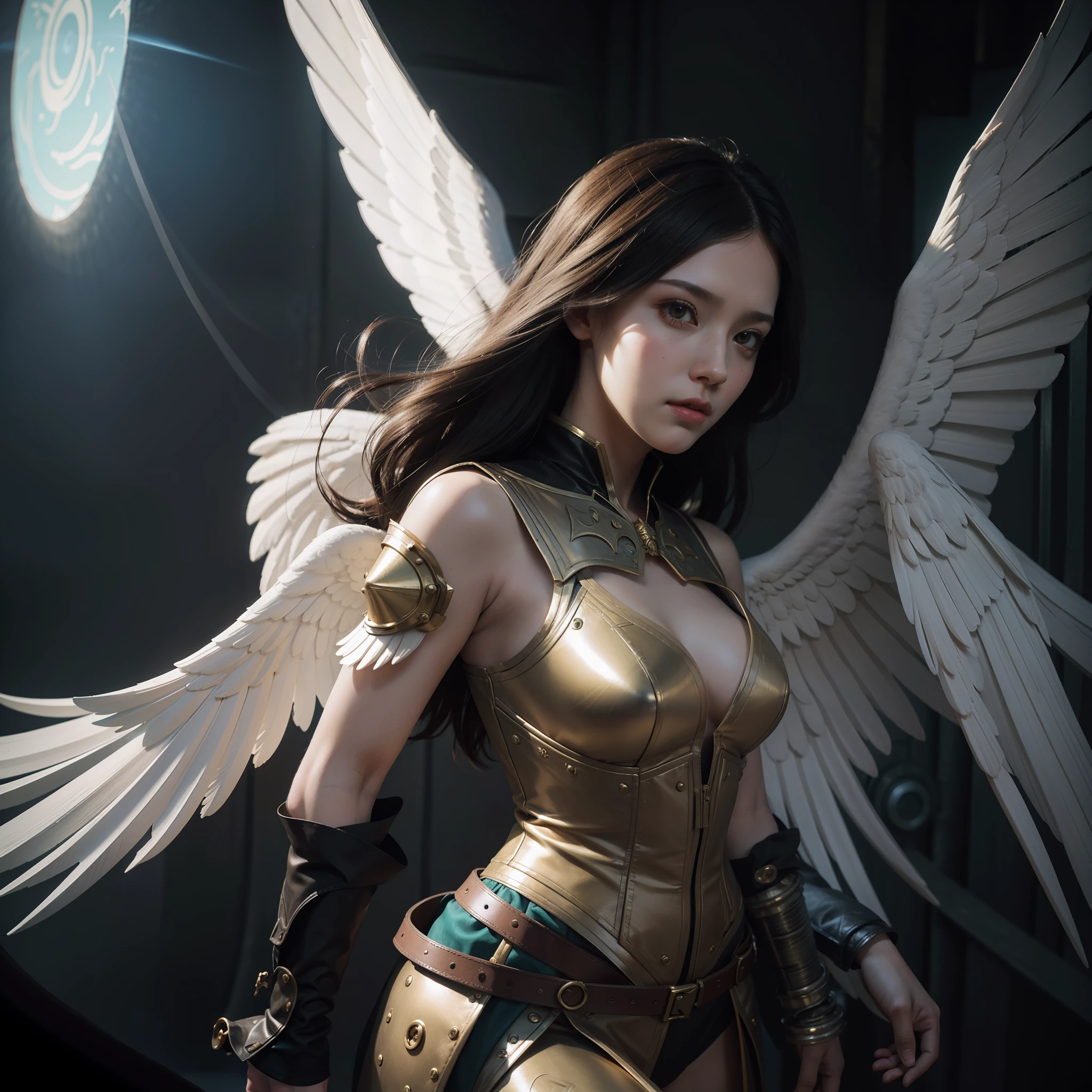 1 girl fantasy dreamy illustration portrait, by atey ghailan and escher ( leonardo da vinci ), artstation - h 7 6 8 0 4 1 9 5 2 3. smooth elegant design digital painting of a female angelic warrior with wings made entirely out highly detailed steampunk costume designed in blender & unreal engine octane render volumetric lightning dappled light on the face dramatic cinematic lighting hyperdetailed photoreal