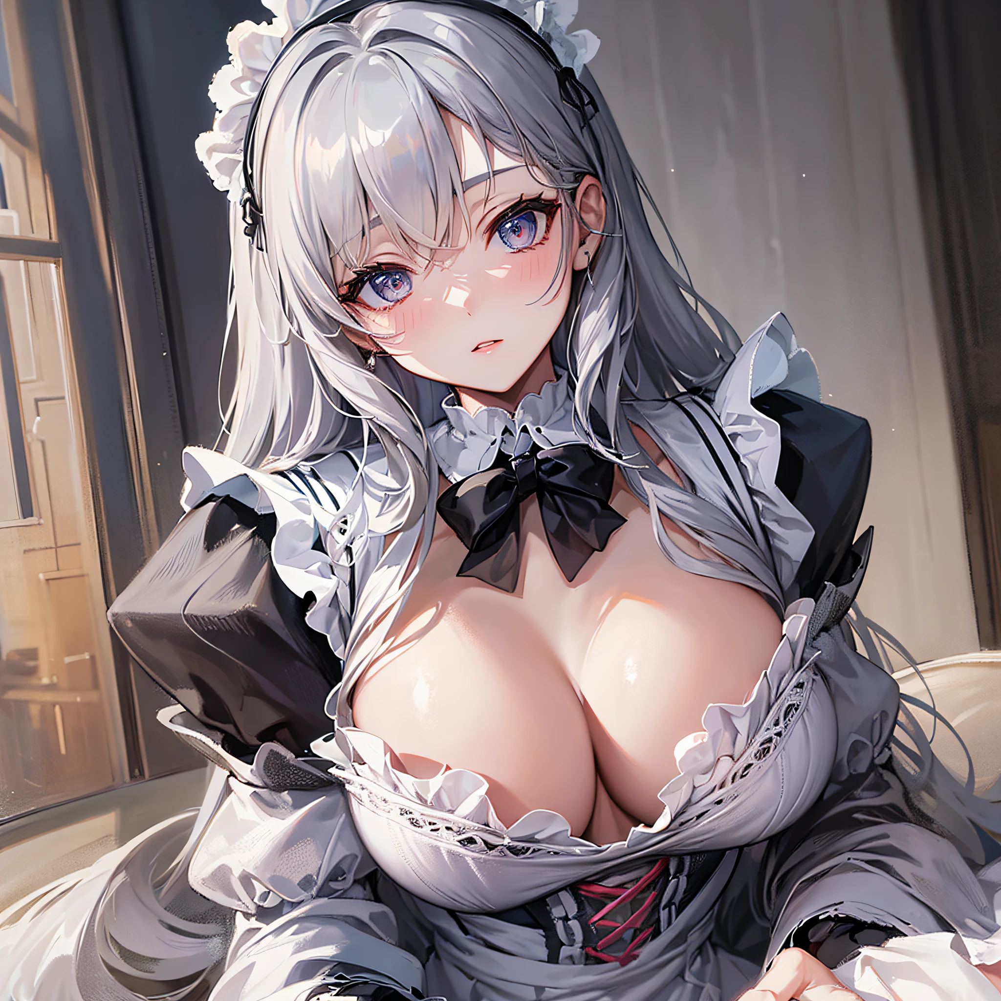 Absolutely beautiful cat lady, perfect slim body, mature royal sister, gray hair, royal sister face, maid outfit, sexy and alluring, beautiful face, bust, 4K picture quality, big body, feminine expression, blush shyness, outrageously large bust, deep eyes, open clothes