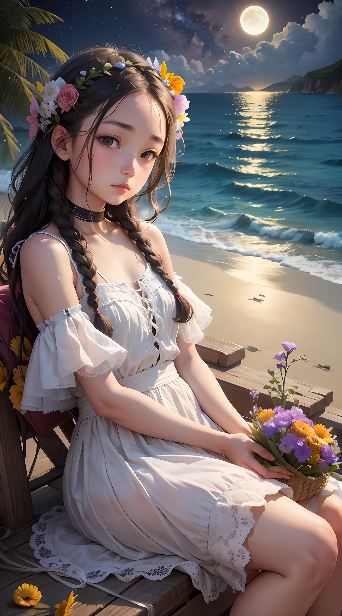 (s2) At night, by the sea, a girl with twisted braids sits holding a bouquet of white flowers in her hand. No moon in sight, only the sound of waves crashing against the shore.