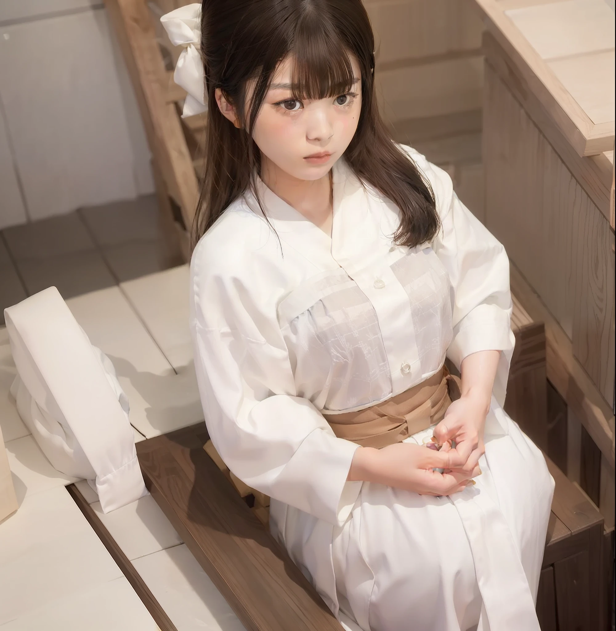 NSFW, 8K Raw Photography, Best Quality, Masterpiece, Ultra HD, Film Grain, filmg, 1girl, Watch Viewer, Natural Skin Texture, Realistic Eye and Face Details,
The occupation is a priestess (priesthood of the Japan shrine), wearing a priestess costume ((white kimono) (vermilion hakama) (white tabi sock)),
Japan, 1 8 years old, 1 (Akiko Takase, Kazue Kato, , Aya Takano, Etsuko Miura, Genji, Tsugumi Oba, Chiho, Rinko Kawaichi, Takeyuki Kanda),
Height 158 cm, weight 53 kg, bust 83 cm (D cup), waist 61 cm, hips 86 cm,
His personality is naïve,
Shoulder-length smooth black hair bunched into one, bangs, 
The place is the main shrine of a large shrine in Japan,
As an offering to the gods, lying on the altar with a smile, still in priestess costume,
Solo , Full Body