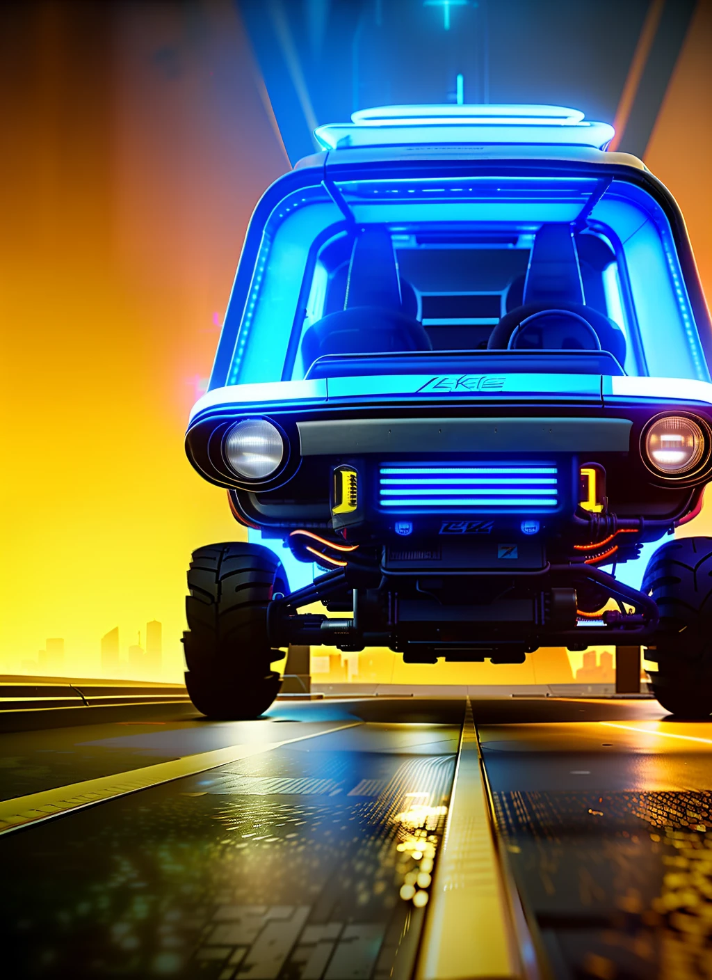 3/4 front view of (((futuristic cyberpunk hot rod Zeekars)) (TukTuk with glowing tires) in the parking lot,