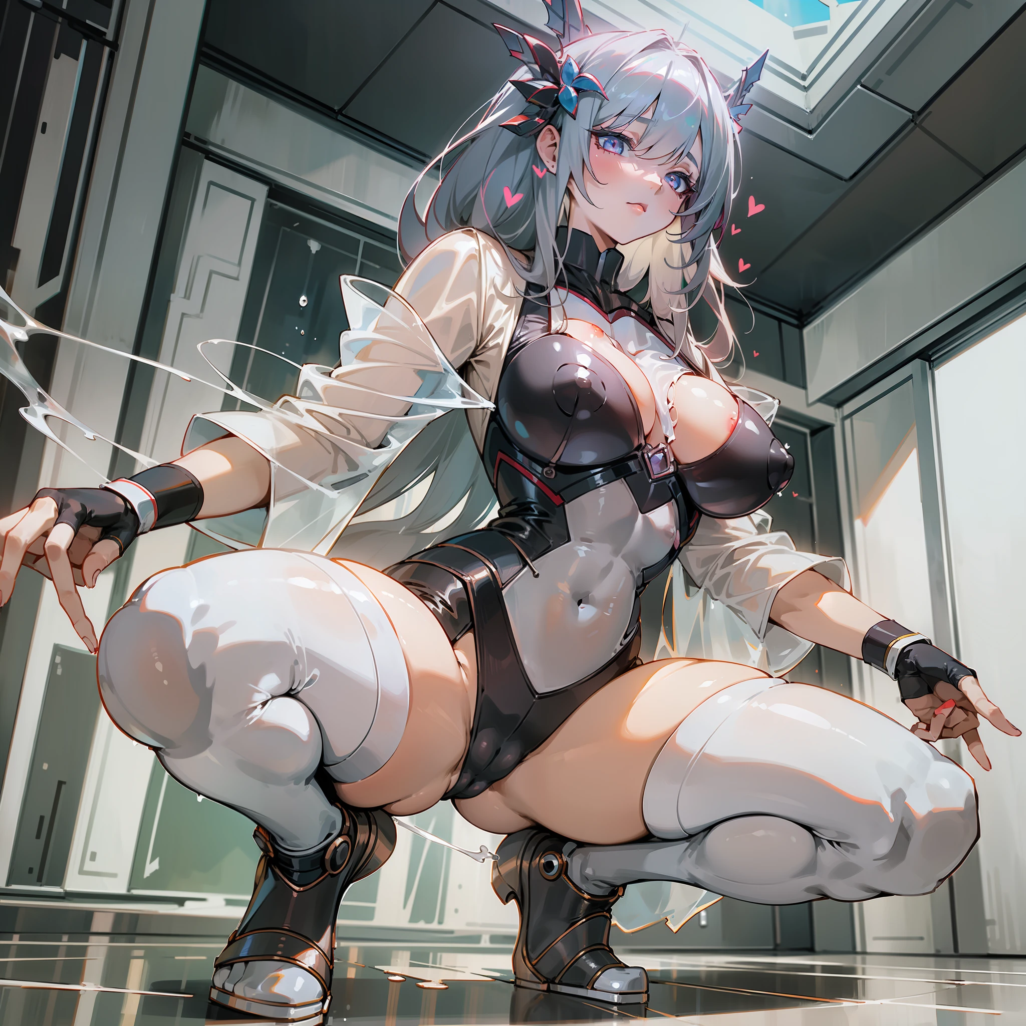 ((Best Quality)), ((Masterpiece)), Pitch Resuit, See-through, Puffy Nipple, Full Body, Squatting, Eyes Heart, Big, Angle from Below, With White Liquid on Chest