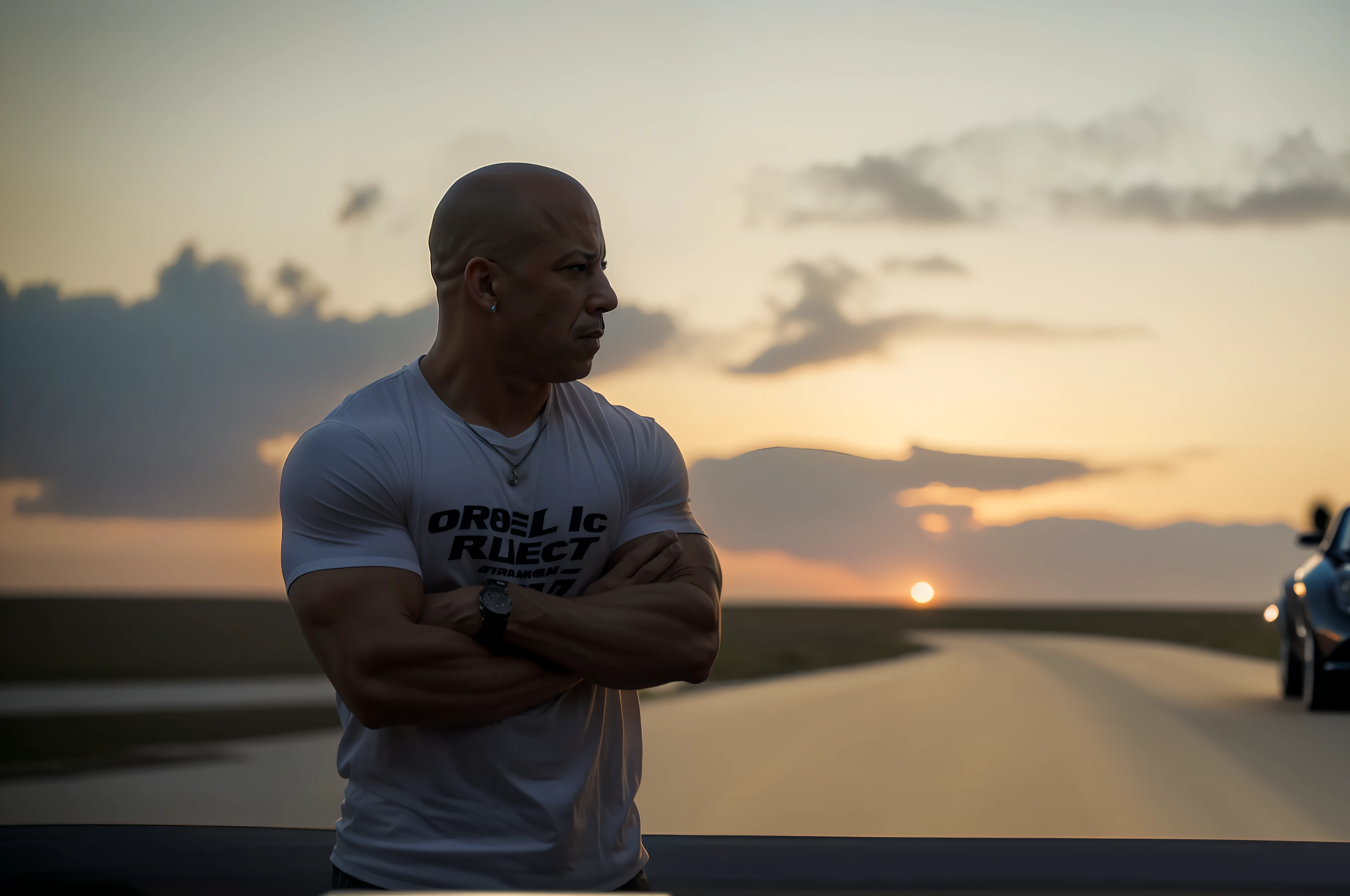 Vin Diesel, Fast & Furious 7, in the sunset, muscular, serious expression, HD picture quality, cinematic texture