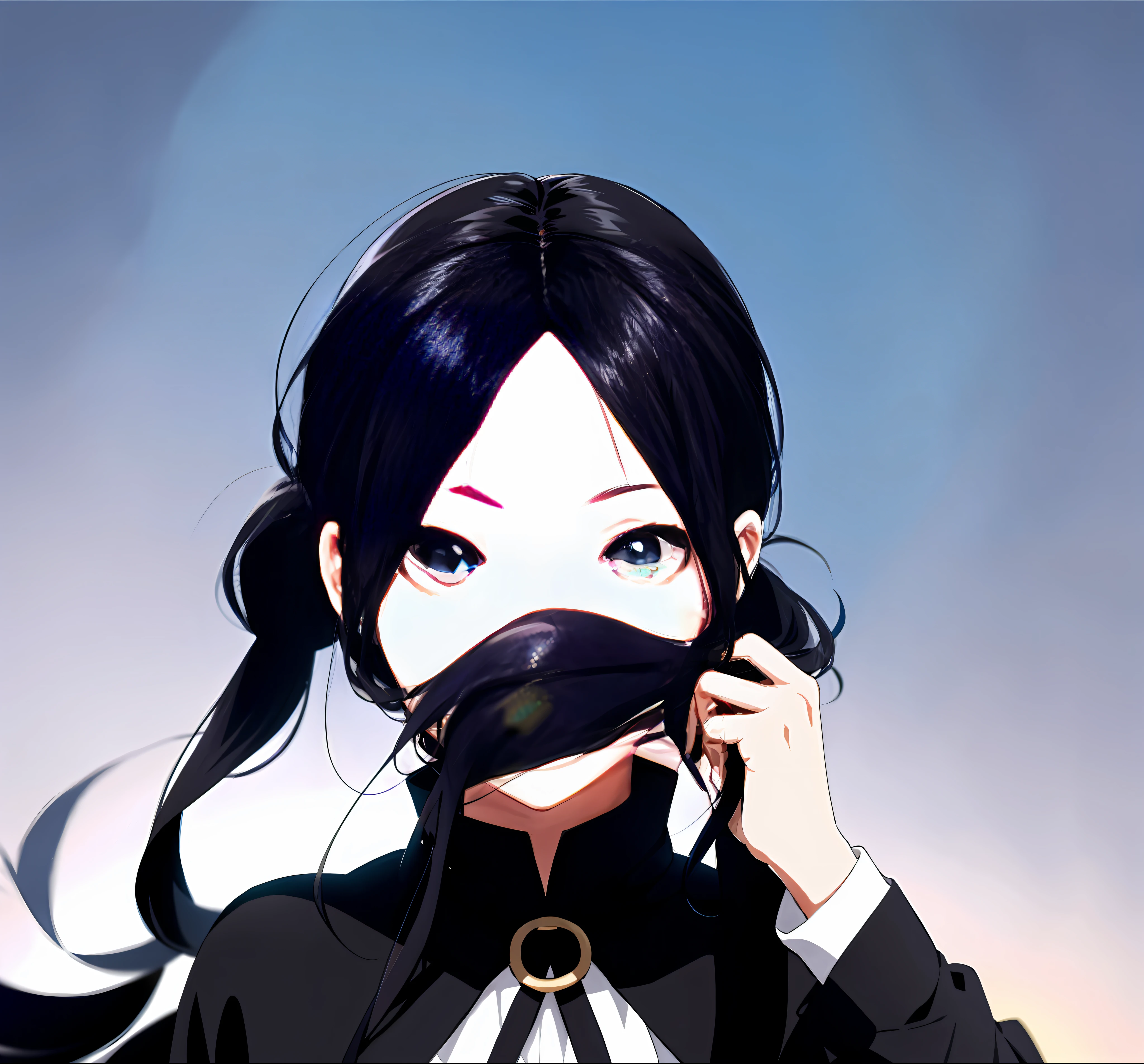 Girl covers mouth with hair, single, face focused, beautiful eyes, black hair, gradient_eyes, anime, masterpiece, high details, double ponytail