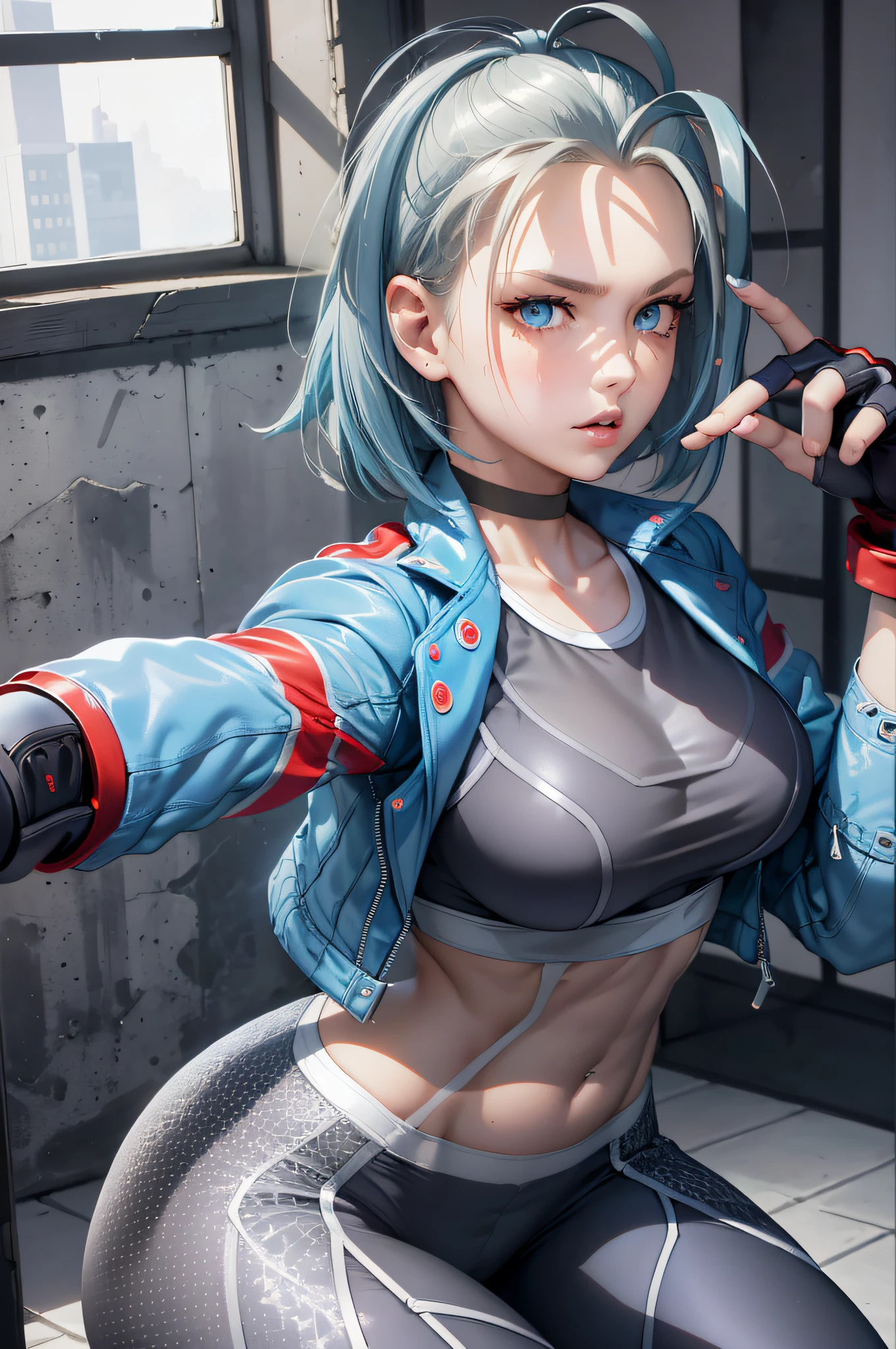 ((Best Quality, 8K, Masterpiece: 1.3)), Detailed Eyes, Double Eyelids, (1girl), (Left Face Scar), (28 years old, sexy maturity), (Vest line, thin waist, buttocks), (Blue jacket), ((Big blue eyes, long eyelashes)), ((Pout)), ((Firm nose)), (Realistic skin details), Detailed Face, Best Light, Best Shadow, Edge Lighting, Ray Tracing, Unreal Engine 5, (Cammy white from street fighter 6, game CG character modeling)), beautiful shiny hair, (((dark gray tights))), muscular, collar, abs, (mid-chest hard), (leg muscle line), (sitting in front of the bar counter with your back to the camera, side face, noisy bar)) NVIDIA RTX, Super-Resolution, Unreal 5, Subsurface scattering, PBR Texturing,Post-processing,Anisotropic Filtering,Depth-of-field,Maximum clarity and sharpness,Multi-layered textures,Albedo and Specular maps,Surface shading,Accurate simulation of light-material interaction, Perfect proportions, Octane Render, Two-tone lighting, Wide aperture, Low ISO, White balance, Rule of thirds, 8K RAW, Elevation view