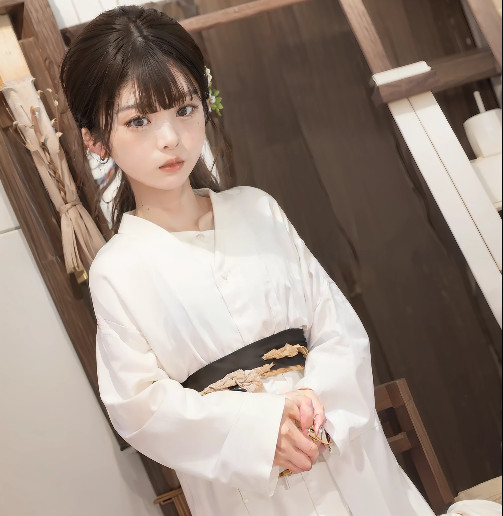 NSFW, 8K Raw Photography, Best Quality, Masterpiece, Ultra HD, Film Grain, filmg, 1girl, Watch Viewer, Natural Skin Texture, Realistic Eye and Face Details,
The occupation is a priestess (priesthood of the Japan shrine), wearing a priestess costume ((white kimono) (vermilion hakama) (white tabi sock)),
Japan, 1 8 years , 1 (Akiko Takase, Kazue Kato, , Aya Takano, Etsuko Miura, Genji, Tsugumi Oba, Chiho, Rinko Kawaichi, Takeyuki Kanda),
Height 158 cm, weight 53 kg, bust 83 cm (D cup), waist 61 cm, hips 86 cm,
His personality is naïve,
Shoulder-length smooth black hair bunched into one, bangs, 
The place is the main shrine of a large shrine in Japan,
As an offering to the gods, lying on the altar with a smile, still in priestess costume,
Solo , Full Body