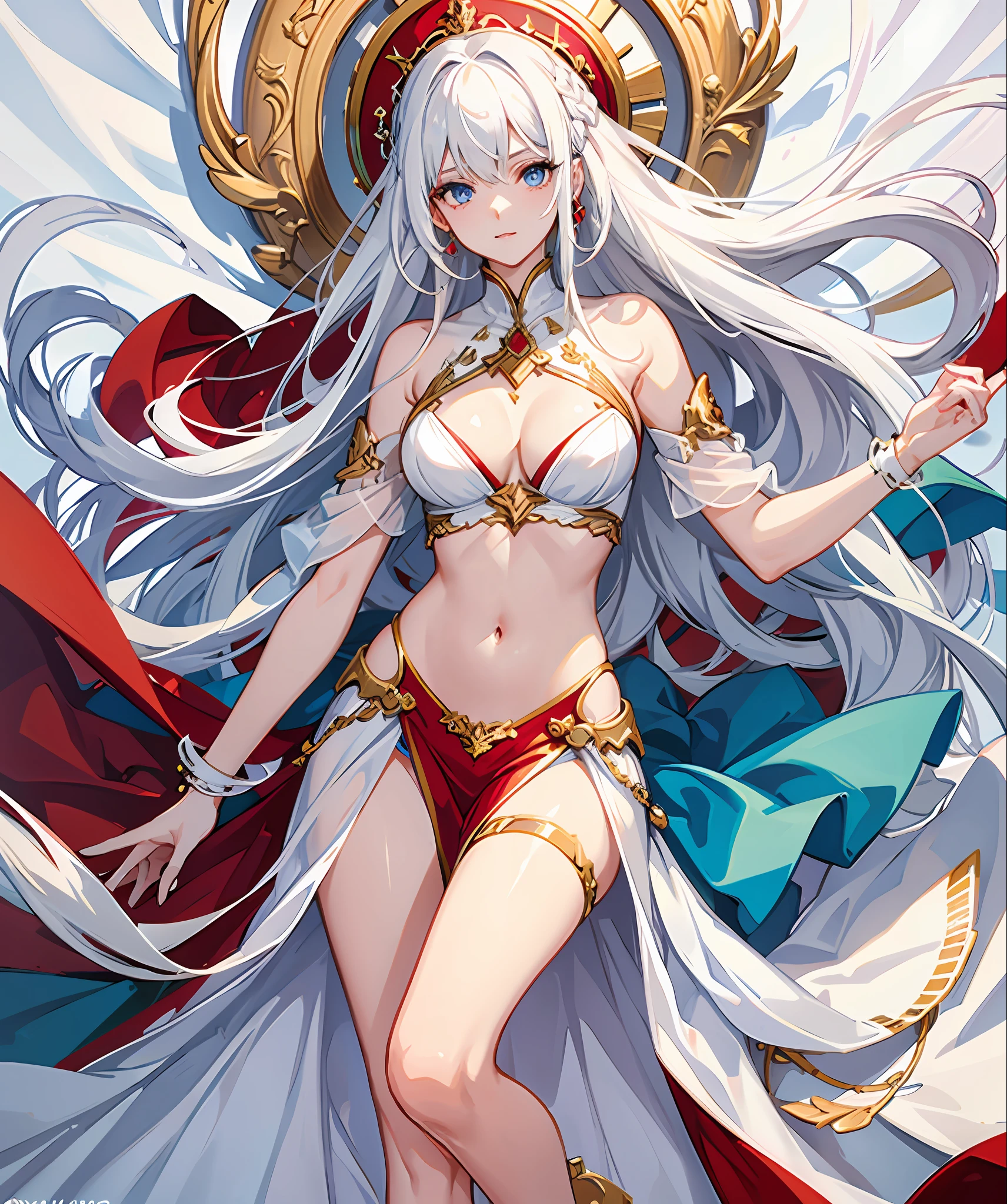 white hair, blue eyes, long hair, red gown, navel, cleavage, medium breast, slim legs, sunny day