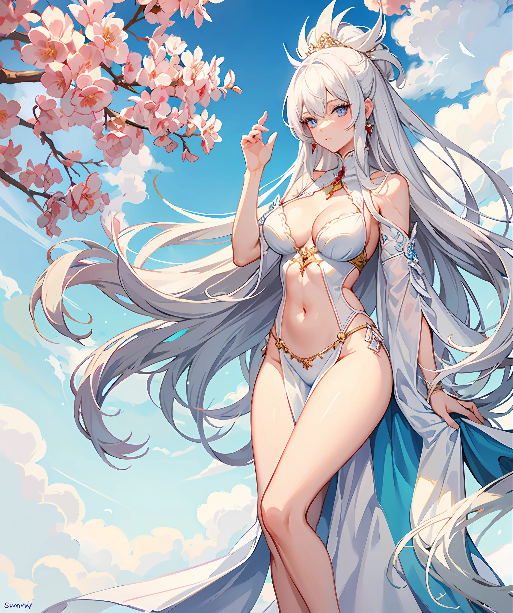 white hair, blue eyes, long hair, red gown, navel, cleavage, medium breast, slim legs, sunny day