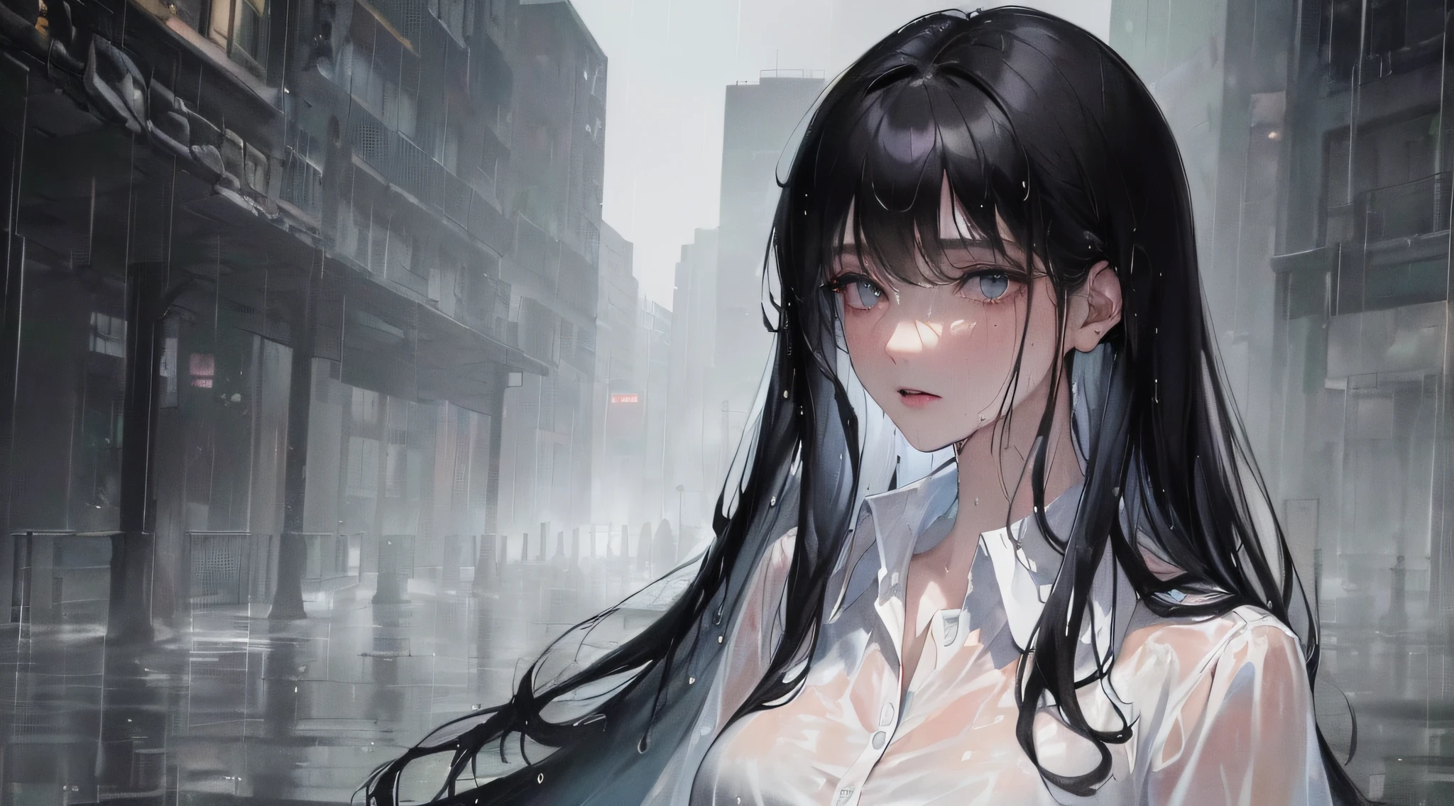 (highest resolution, distinct_image) Best quality, ((((1 woman))), masterpiece, pale colors, very detailed, night cityscape, semi-realistic, wet black hair, wet straight hair, expressionless, bangs, strong rain, 21 years old, mature, young, wet white shirt, outdoors, delicate facial features, facial features, mid-shot,