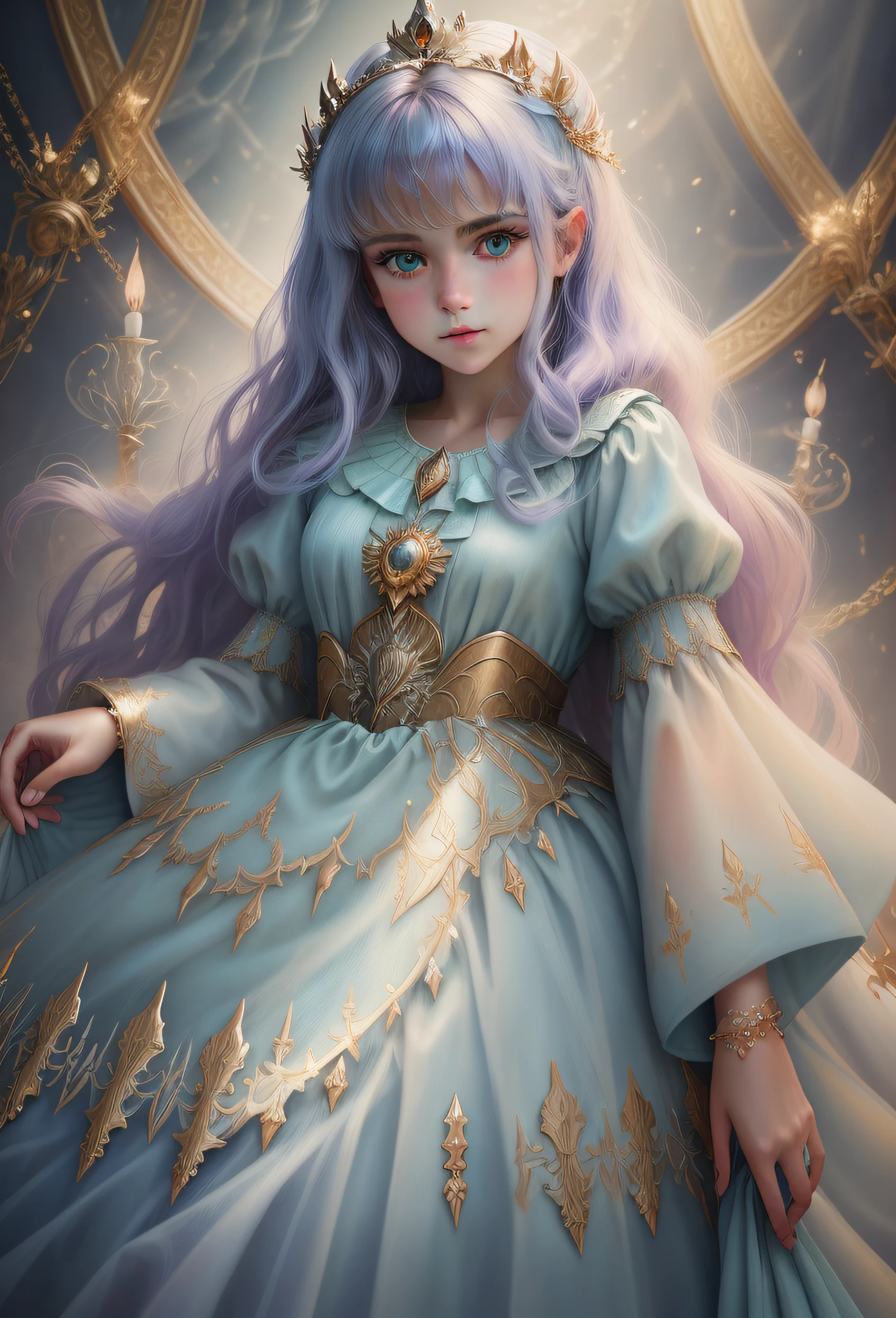 a photography, HD,, photo, woman, beautiful dress ornate, in the style of stefan kostic, realistic, half body shot, sharp focus, 8 k high definition, insanely detailed, intricate, elegant, art by stanley lau and artgerm, extreme blur flames background, Princess girl with wing, Blue, Pastel, glitter, dramatic, dreamy, pastel, Watercolor, Whimsical, Delicate, seashell crown, Trending on Artstation, Highly detailed, Intricate, Portrait, digital painting, Fantasy theme, Fantasy robes, Fantasy concept art, Fantasy character art, Smug, Teenage girl, perfect body, full body, dreamy, pastel, Watercolor, Whimsical, Delicate, seashell crown masterpiece, 8k, perfect lighting, , adult, female, cowboy shot, looking at viewer, cinematic lighting, Fawn