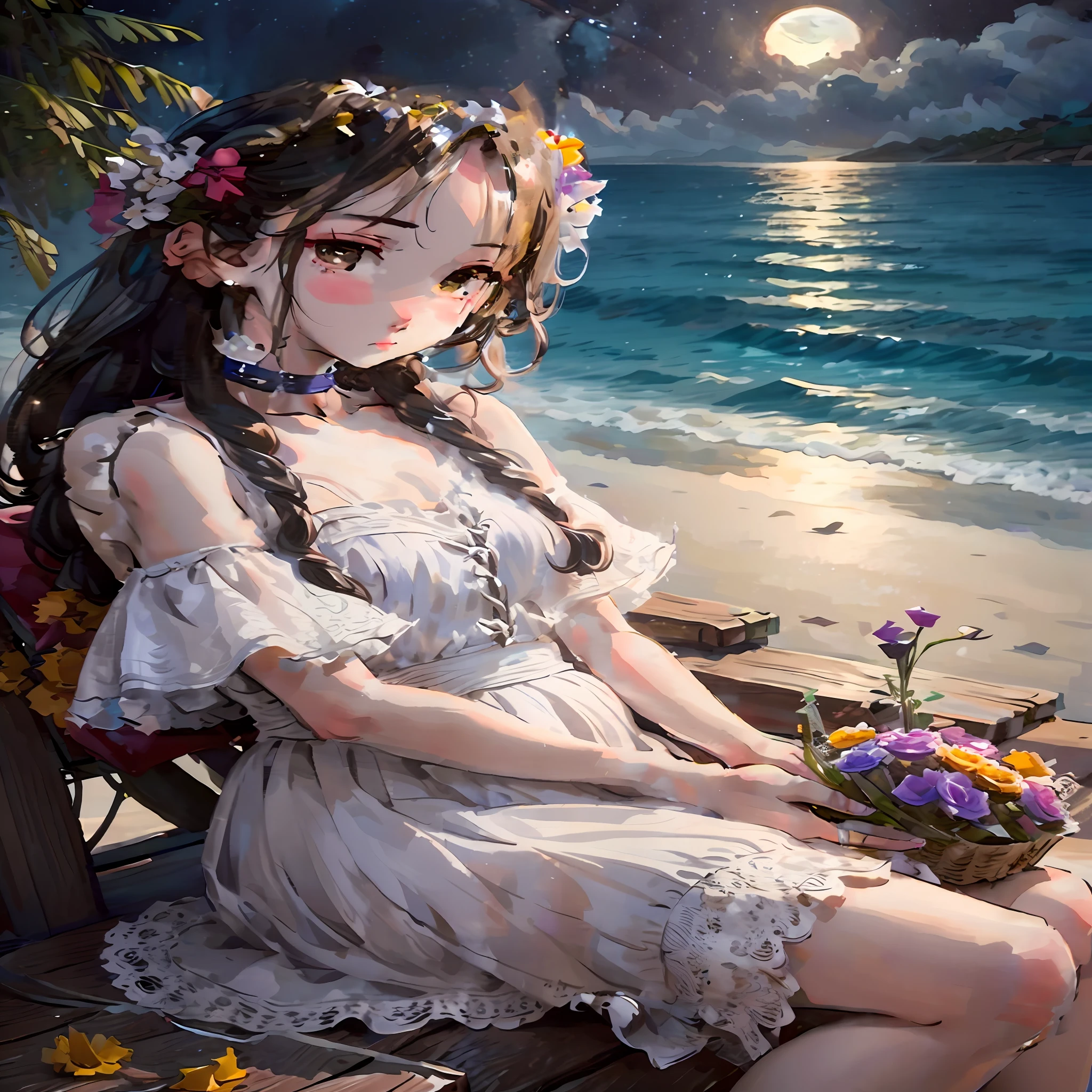 At night, by the sea, a girl with twisted hair sits holding a bouquet of white flowers in her hand.