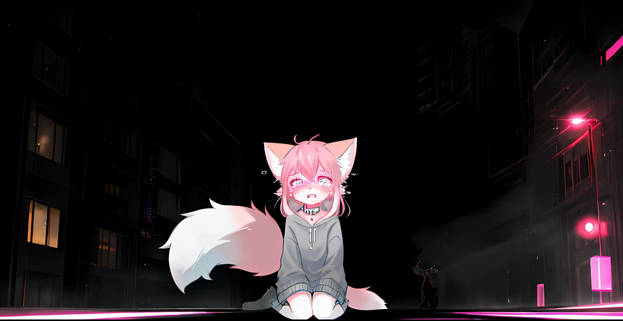 long pink hair, neon eyes, glowing eyes, teenage, sidewalk in modern city, rainstorm, day, fog (dark gray), cat ears, pale pink ears, fox tail, light pink fox, white sweatshirt, cute, collar, one tail tail, god, fur body, full body, lower body wearing short skirt, snow fox, character, masterpiece, fluffy tail, current, sad, NFSW, highest quality, 8k, full hd, two-eared cat, winter, sad, sad, feeling hopeless, tears, opening your mouth and crying, Kneeling on the sidewalk, drenched, head to the sky with eyes closed and crying, nsfw, pink hair, blurry, 10 years,