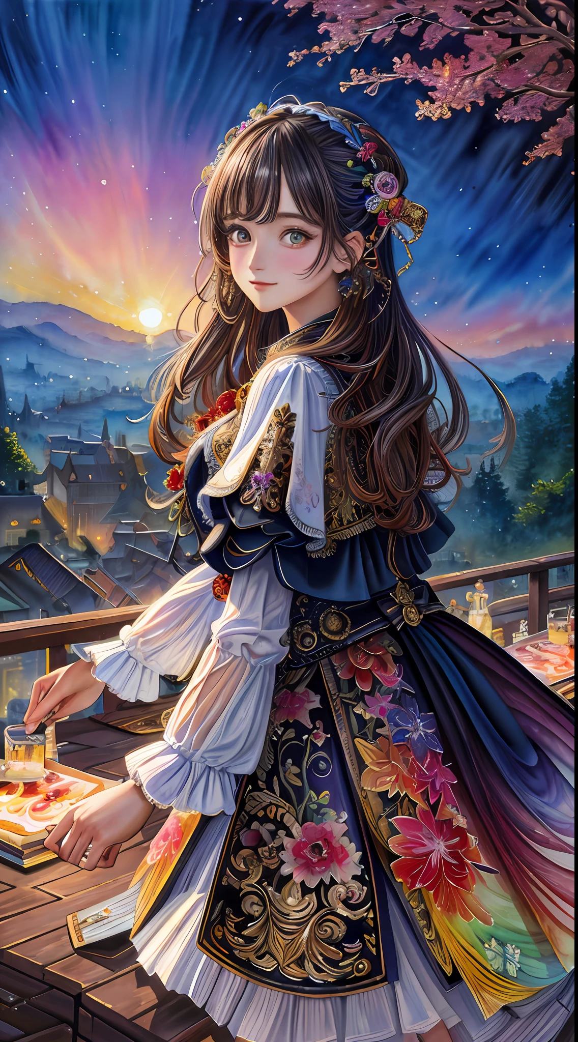 ((masterpiece,best quality,ultra detailed,ultra high res,detailed background)),((1girl)), extreme detailed,colorful,highest detailed,(((watercolour painting))), optical mixing, playful patterns,lively texture,rich colors,unique visual effect