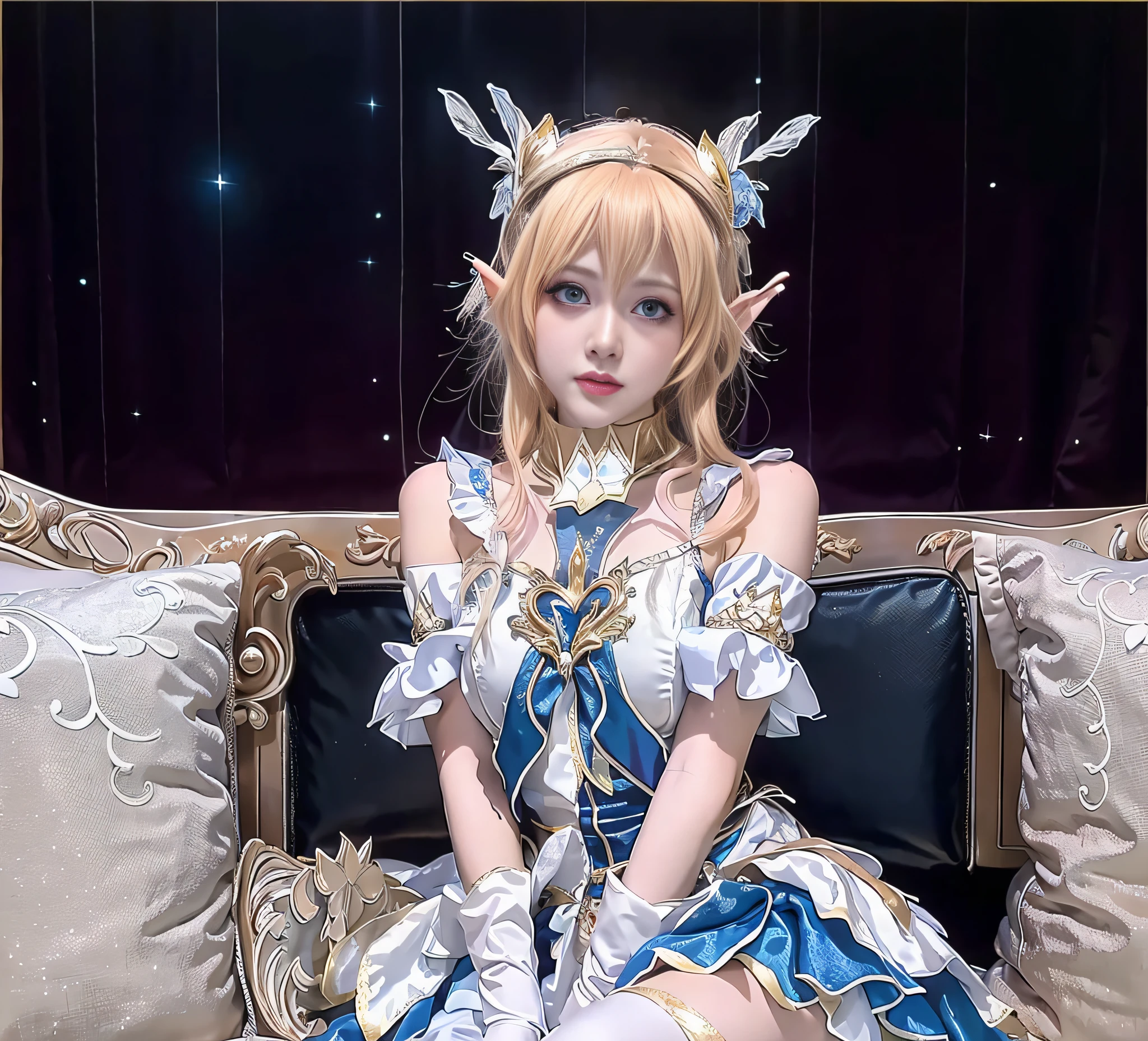 araffe dressed in a costume sitting on a couch with pillows, anime cosplay, anime girl cosplay, cosplay photo, cosplay, ornate cosplay, full-cosplay, ayaka cosplay, professional cosplay, cosplayer, lux from league of legends, anime goddess, captured on canon eos r 6, anime princess, elegant glamourous cosplay, artoria pendragon